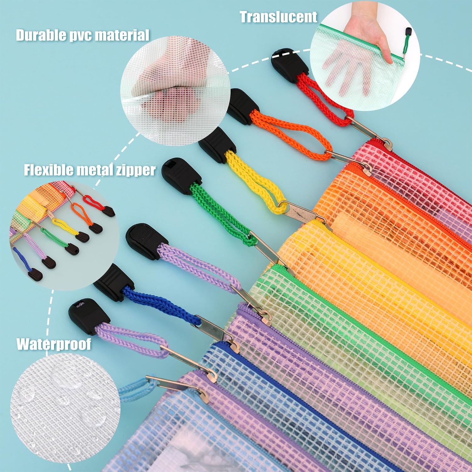 EOOUT 14 bolsas de malla con cremallera, 8 tamaños, bolsas impermeables con cremallera, bolsa de plástico impermeable para documentos de 7 colores,