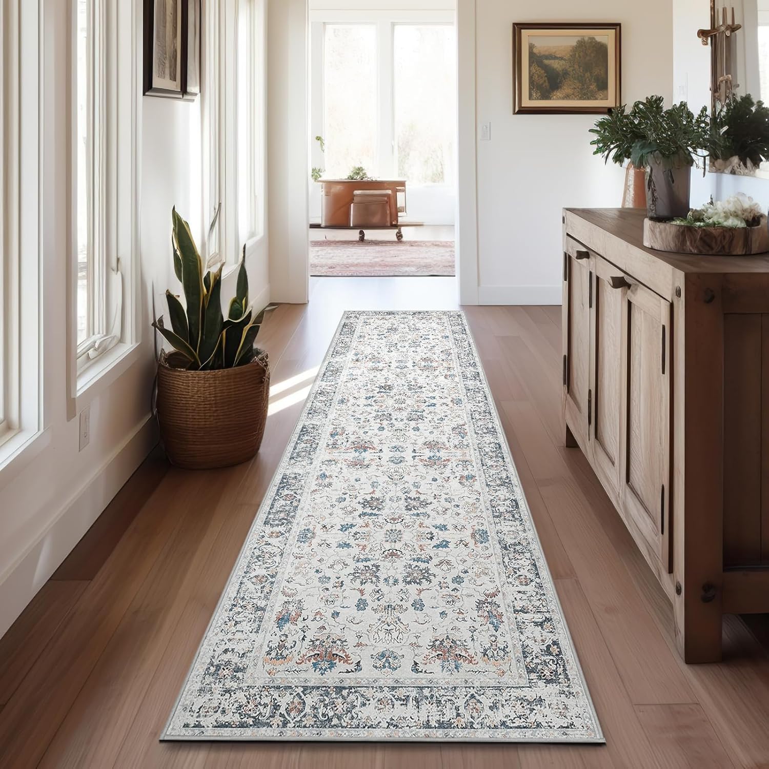 jinchan Alfombra vintage envejecida de 2 x 8 pies, alfombra de entrada, alfombra fina con estampado floral múltiple, antideslizante, estilo bohemio,