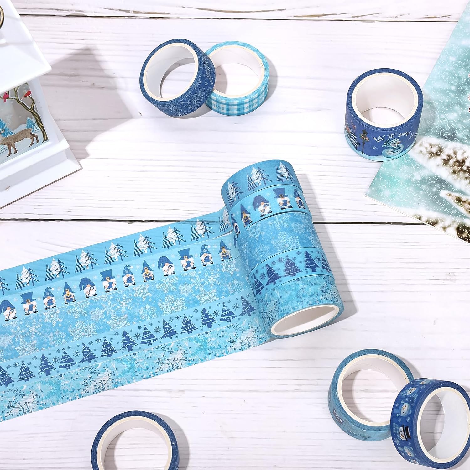 Whaline 16 rollos de cinta Washi de invierno, 4 tamaños, cinta adhesiva Washi azul para Navidad, copo de nieve, muñeco de nieve, papel decorativo de