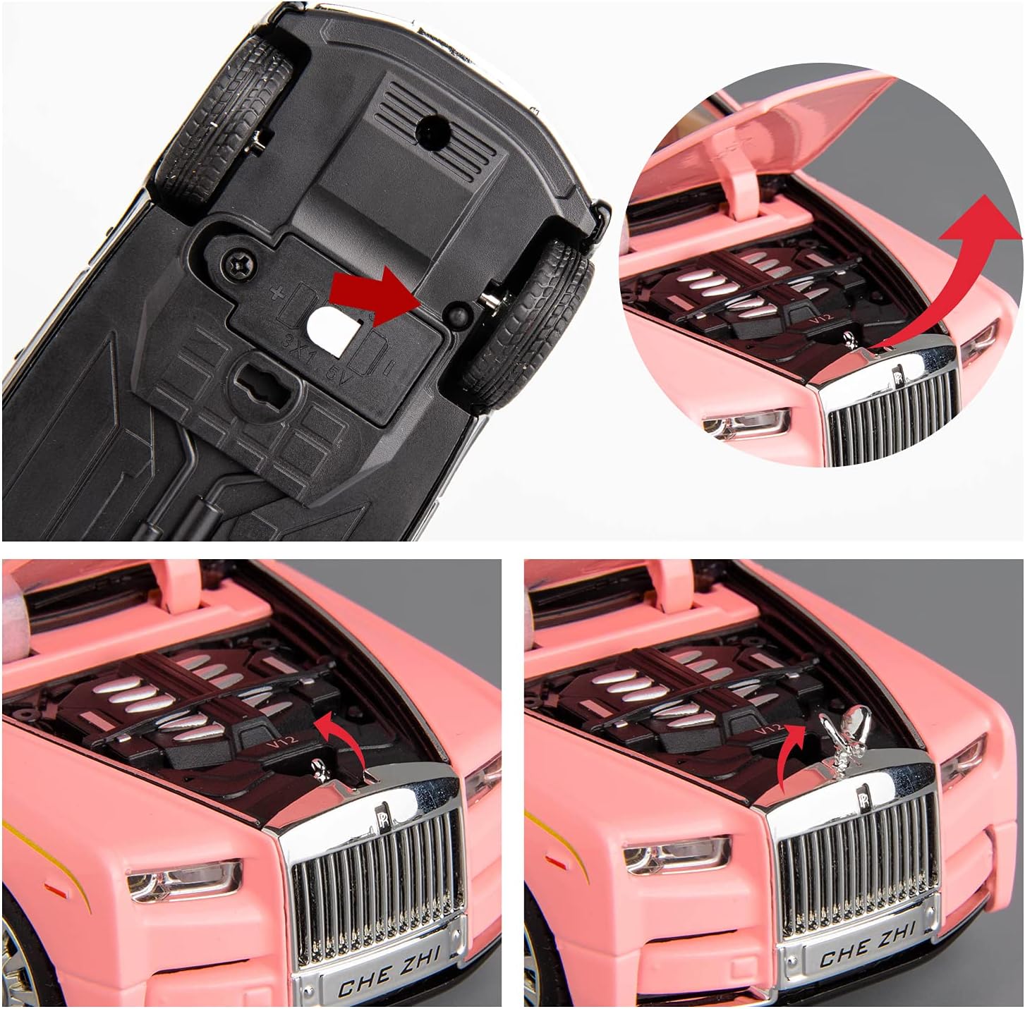 BDTCTK 132 Rolls-Royce Phantom Model Car, auto de juguete de aleación de zinc con sonido y luz para regalo de niños y niñas (rosa)