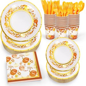 Whaline Juego de vajilla desechable de 175 piezas de otoño para 25 invitados, platos de papel, tazas, cuchillo, tenedor, cuchara y servilletas, Whaline Juego de vajilla desechable de 175 piezas de otoño para 25 invitados, platos de papel, tazas, cuchillo, tenedor, cuchara y servilletas,