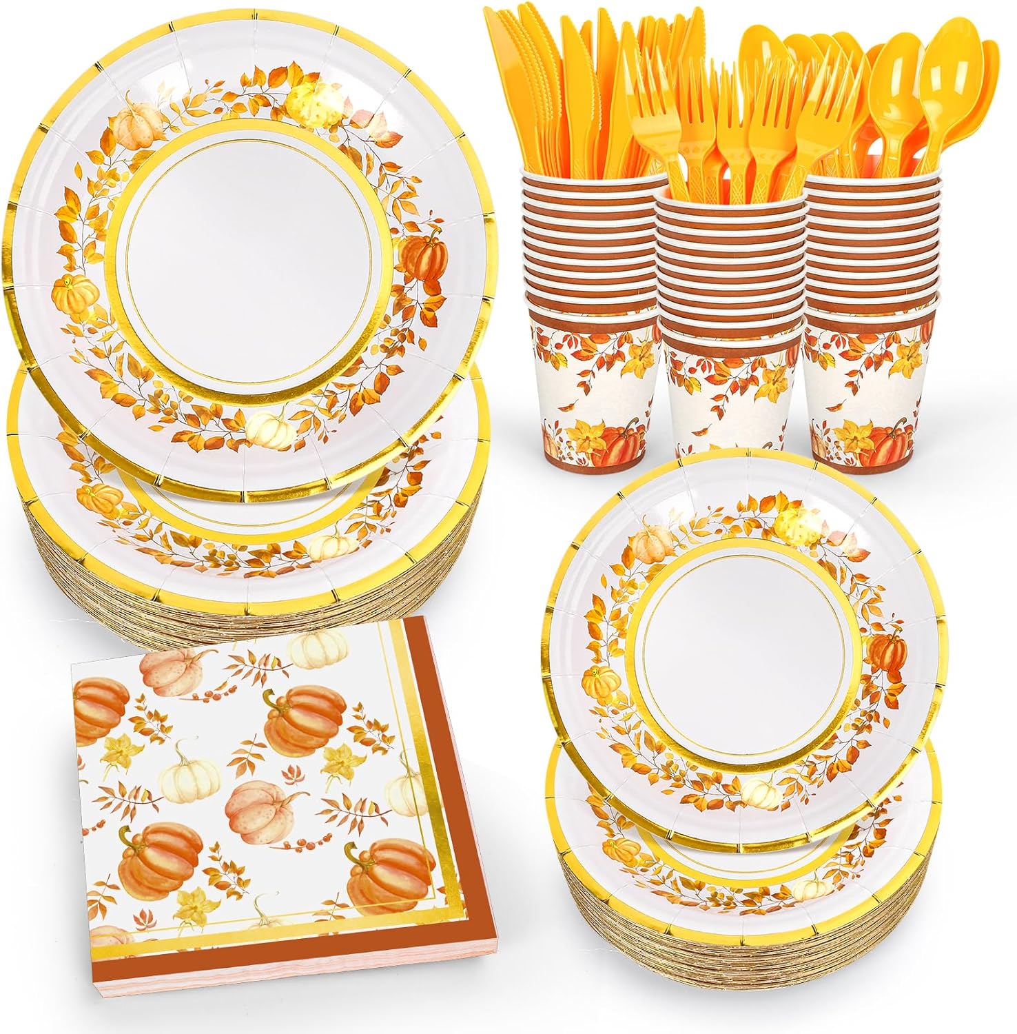 Whaline Juego de vajilla desechable de 175 piezas de otoño para 25 invitados, platos de papel, tazas, cuchillo, tenedor, cuchara y servilletas,