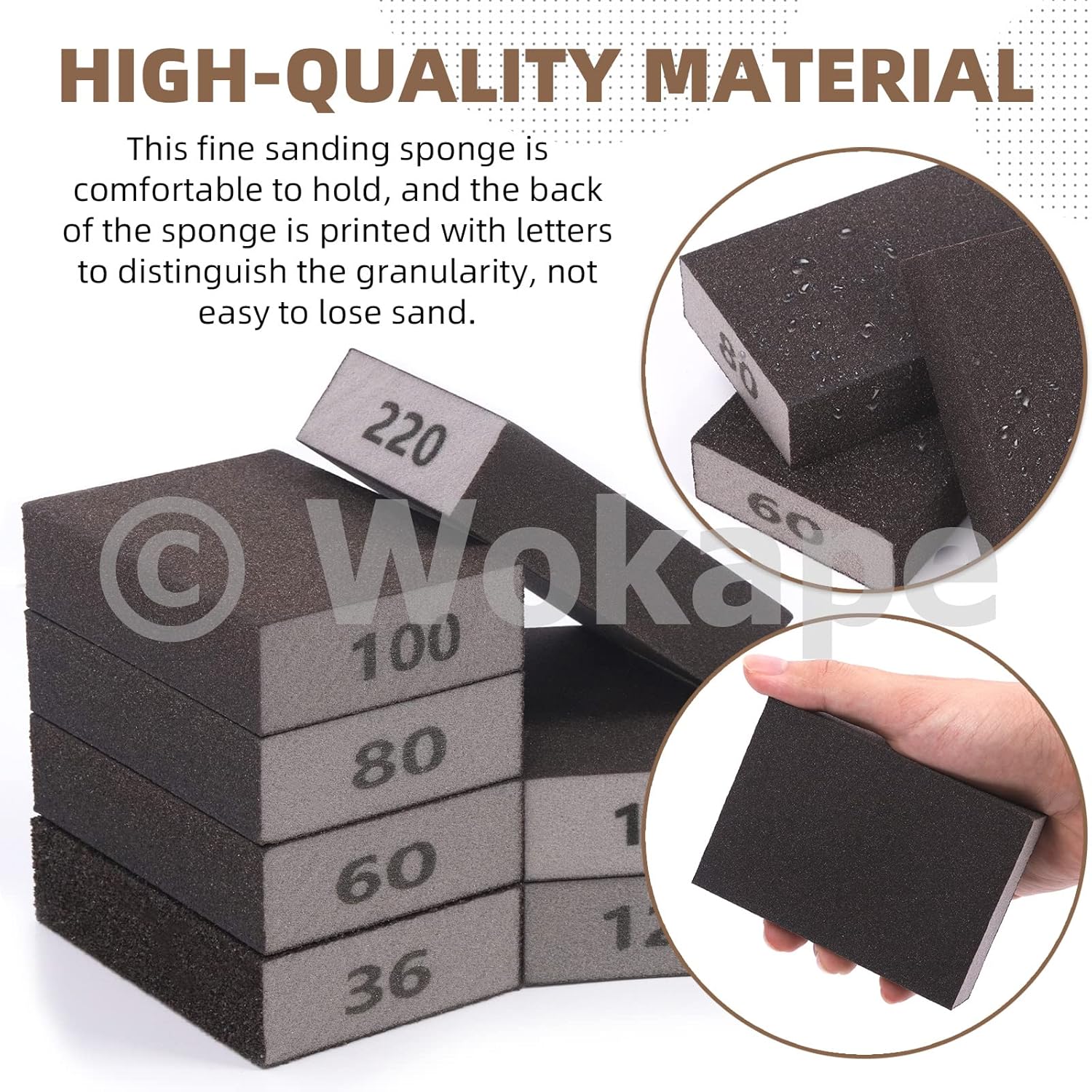 Wokape Kit de 16 esponjas de lijado grueso de grano 80 con cepillo, bloque de lijado de espuma blanca para pulir muebles de plástico de madera y
