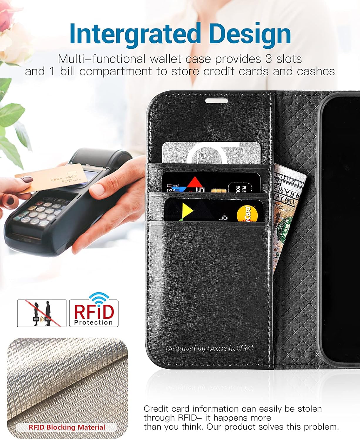 OCASE Funda tipo cartera compatible con iPhone 13, funda tipo cartera de piel sintética con tarjeteros, soporte de bloqueo RFID carcasa interior de