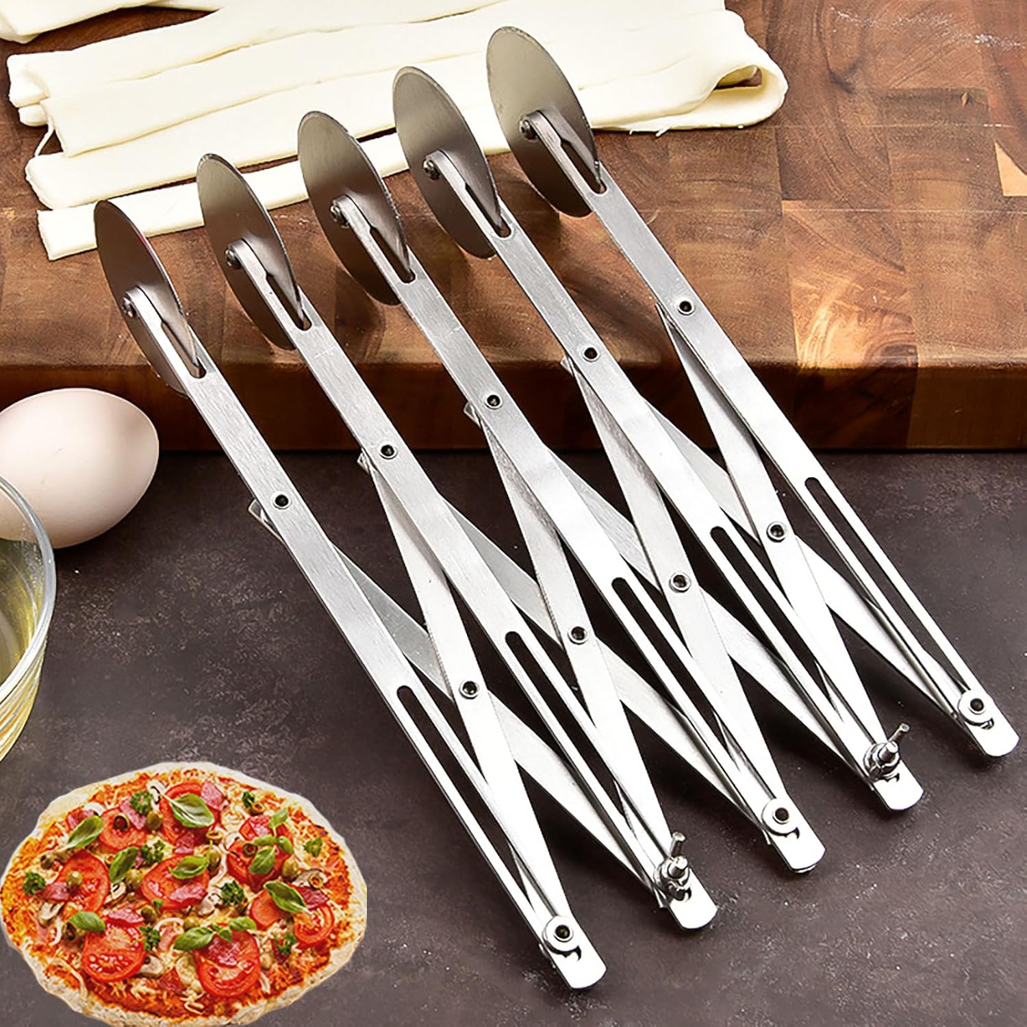 Juego de 3 cortadores de masa de acero inoxidable de 5 ruedas con espátula de pizza y raspador de tazón de masa, rueda cortadora de pastelería