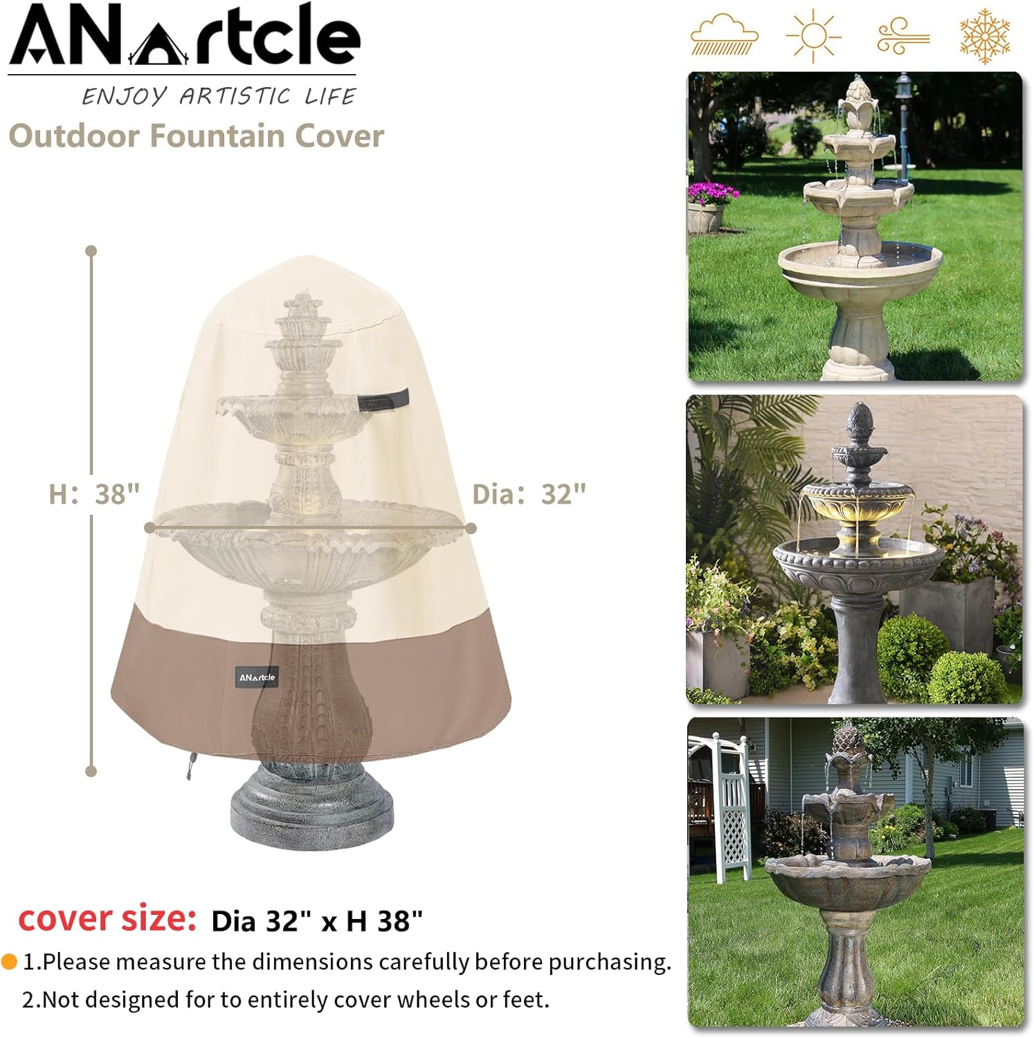 Cubierta para fuente para exteriores, 32 pulgadas de profundidad x 38 pulgadas de alto, 600D, impermeable, resistente, para fuente, funda protectora