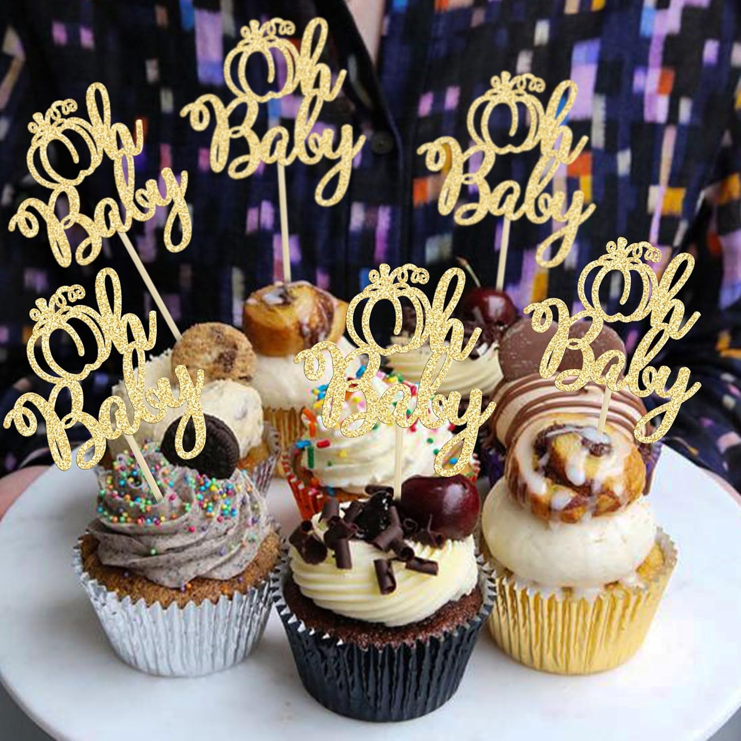 24 piezas de calabaza Oh Baby Cupcake Toppers con purpurina temática de otoño selecciones de cupcakes de calabaza para baby shower, decoración de