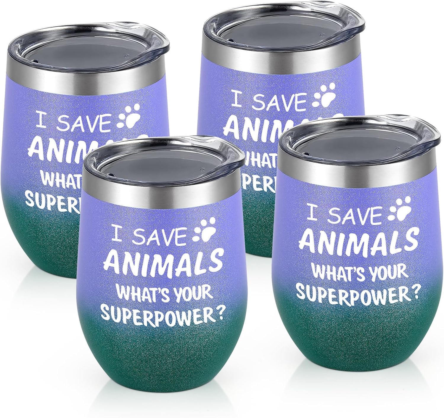 Paquete de 4 vasos de vino con tapa, diseño de texto en inglés “I Save Animals, Whats Your Superpower”, de acero inoxidable, ideas de cumpleaños y
