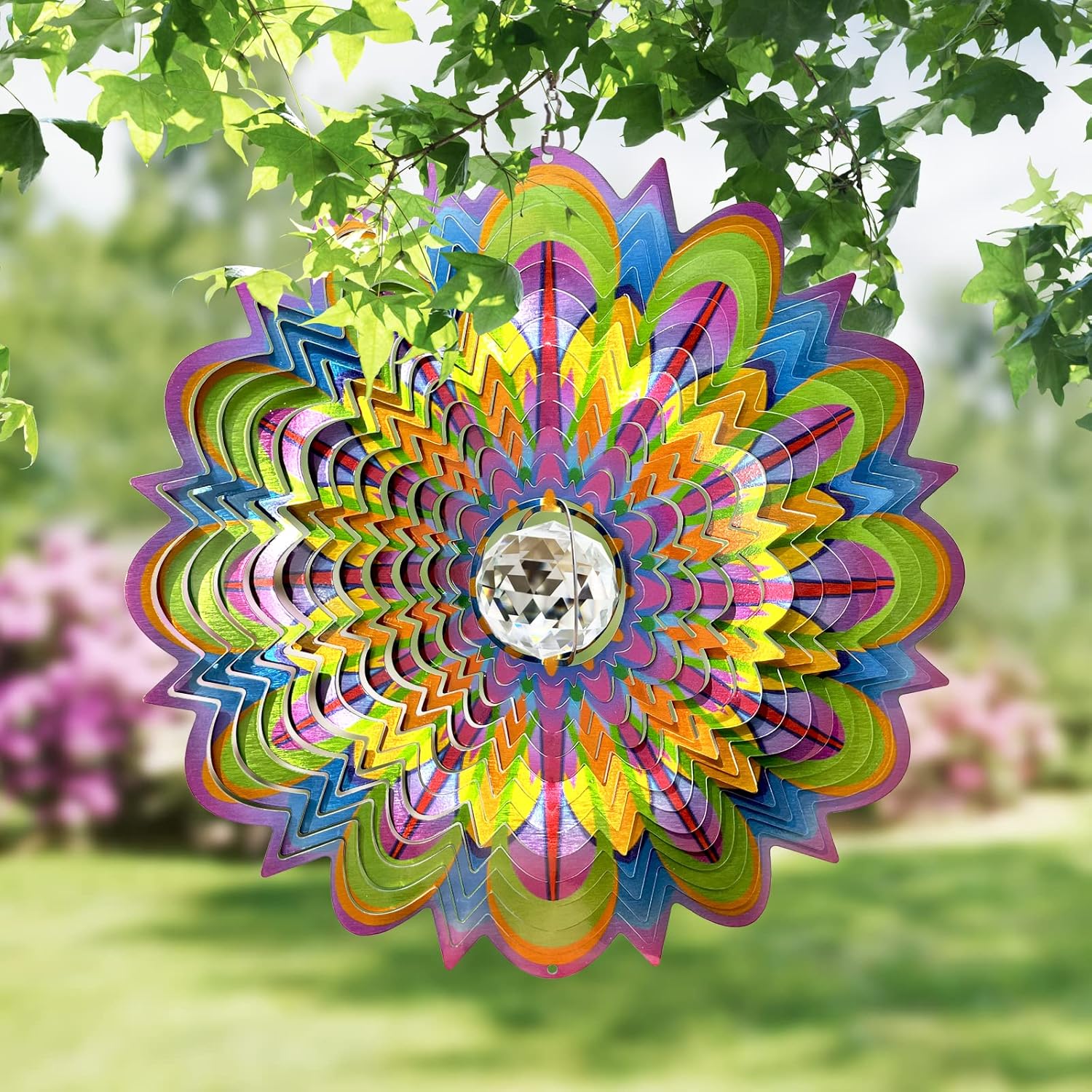 FONMY Molinillo de viento de mandala con bola de cristal, de acero inoxidable 3D, para colgar el sol, para decoración de Navidad, decoración de