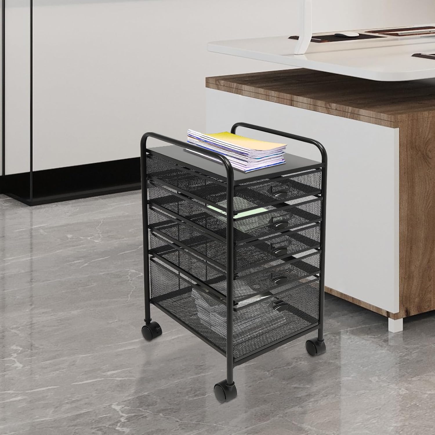 Archivador rodante con 5 cajones, organizador de carrito de manualidades con ruedas, almacenamiento delgado para maquillaje, cocina, utilidades,