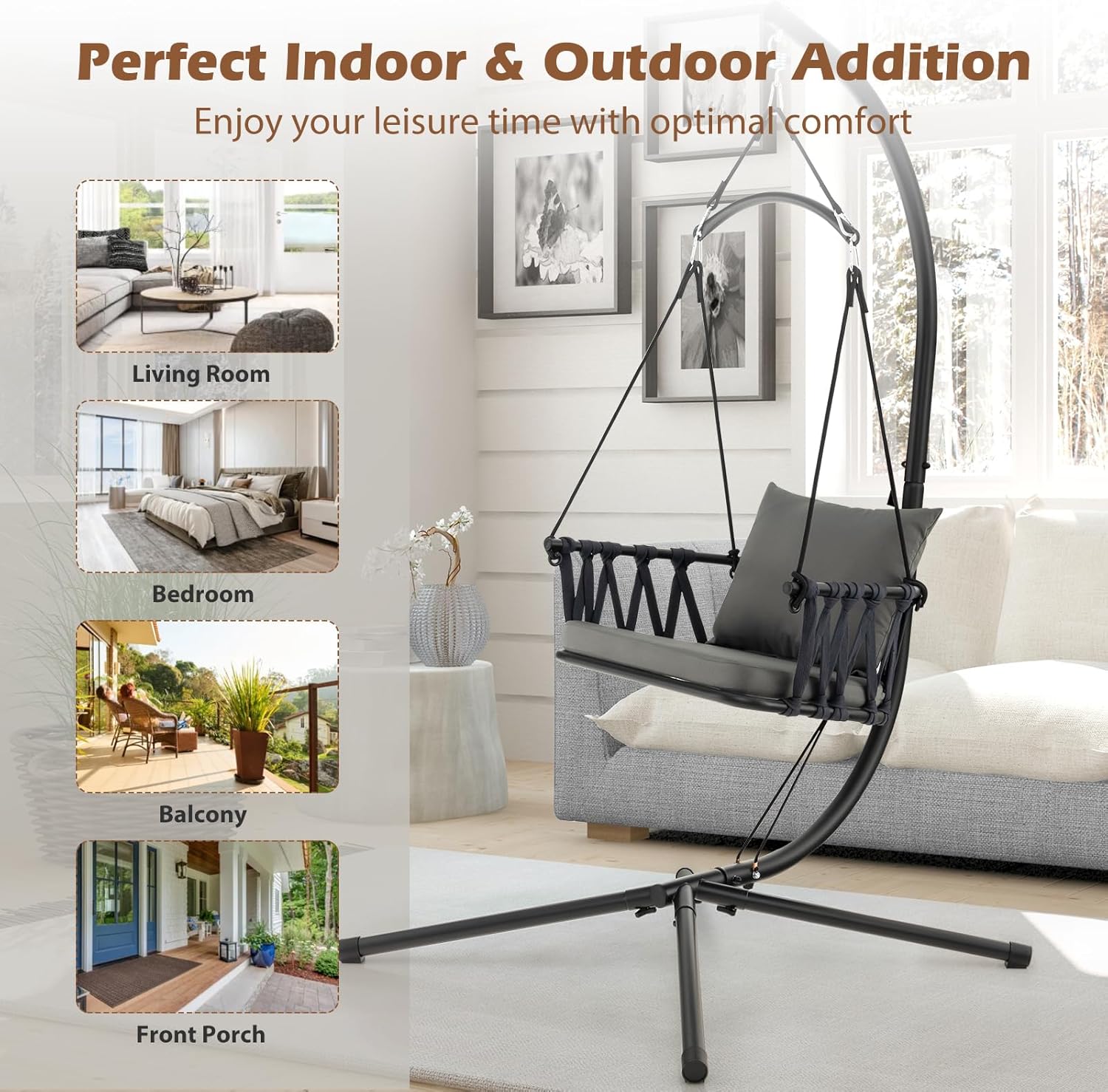 Giantex Silla colgante con soporte, cojines de asiento y respaldo acogedores, marco de metal inoxidable y respaldo tejido, hamaca para interiores y