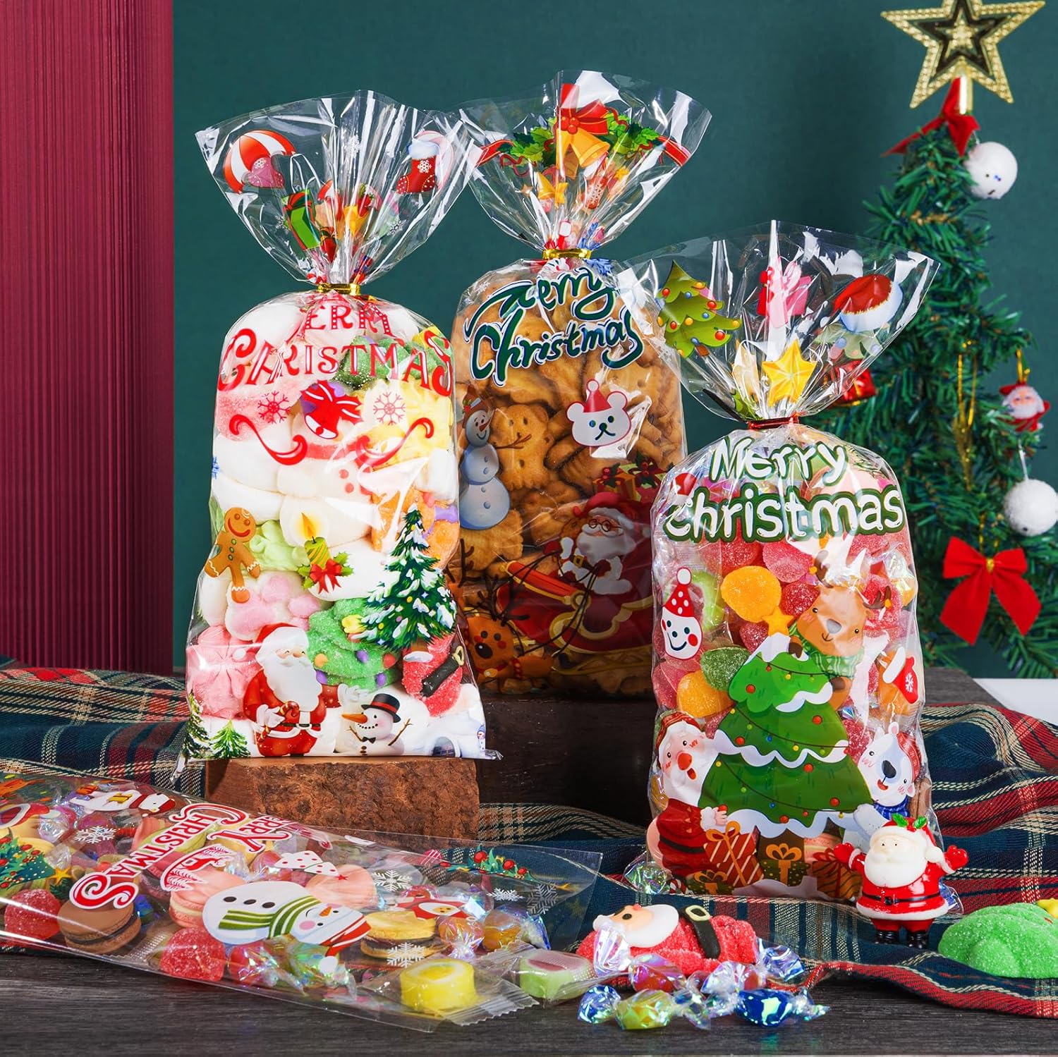 JMANNI 120 bolsas de celofán de Navidad, bolsas transparentes de celofán de Navidad, bolsas de dulces dulces de celofán de Navidad, bolsas de fiesta