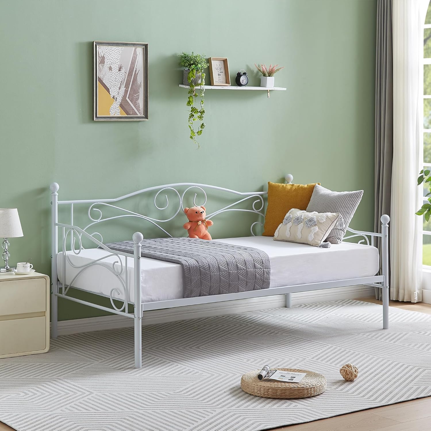 VECELO Sofá cama, marco de cama de metal individual con cabecero, listones de acero resistente para sala de estar, dormitorio, habitación de