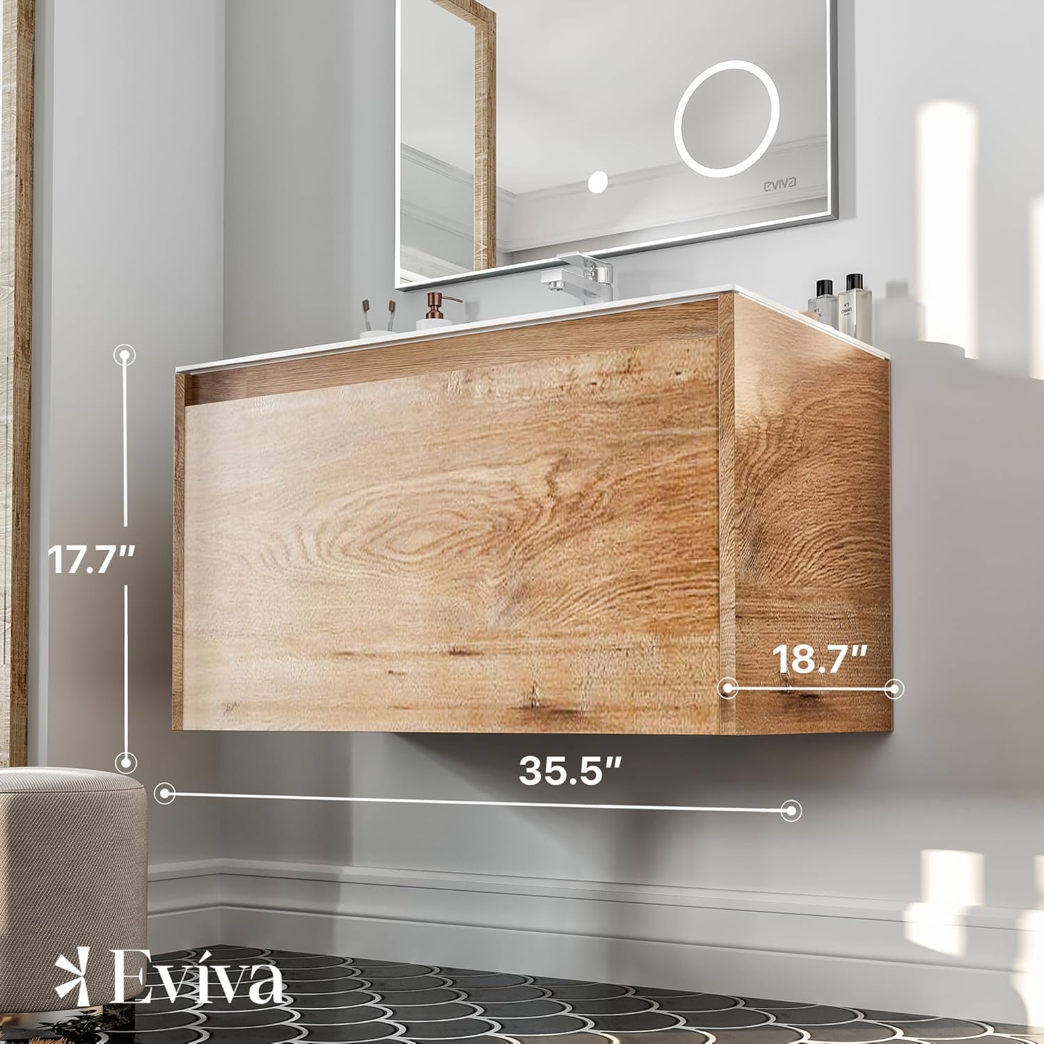 Eviva Tocadores de baño modernos montados en la pared, tocador de baño de roble de ingeniería de 36 pulgadas con fregadero, gabinete de lavabo de