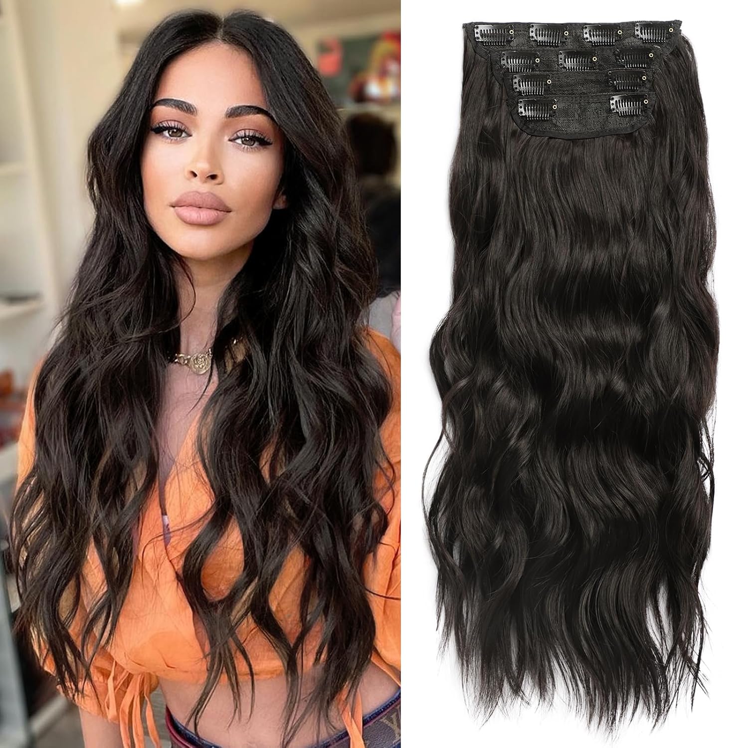 KooKaStyle – Extensiones de cabello sintético con pinza, largo y ondulado, grueso, con fibra de doble trama extensiones de cabello natural de 20