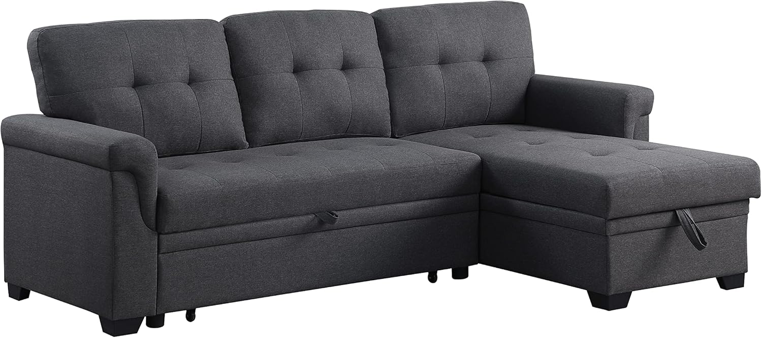 Sofá cama modular convertible en forma de L de 84 pulgadas con diván de almacenamiento y cojines copetudos, sofá esquinero reversible tapizado de