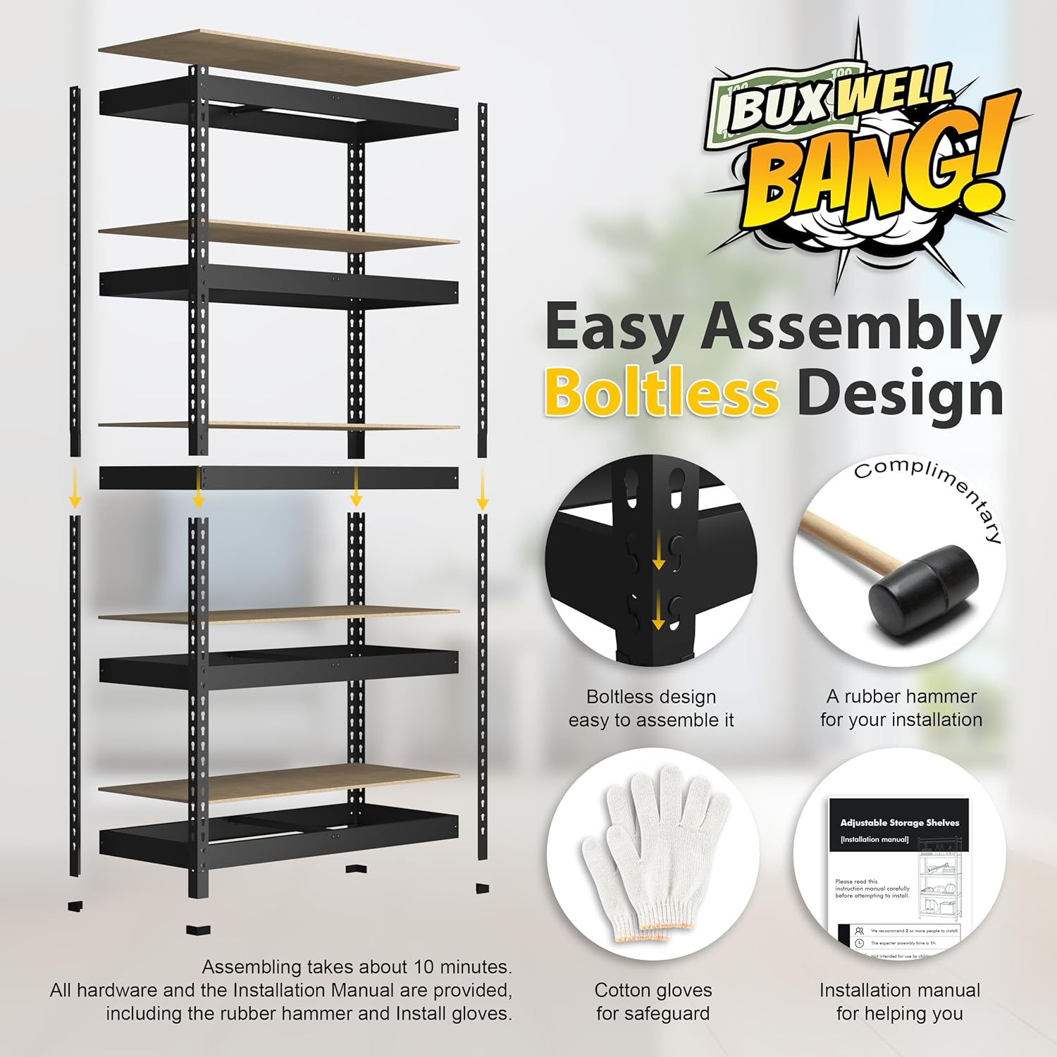 BuxWellBang Paquete de 4 estantes de almacenamiento ajustables de 48 pulgadas de ancho x 24 pulgadas de profundidad x 72 pulgadas de alto, 5