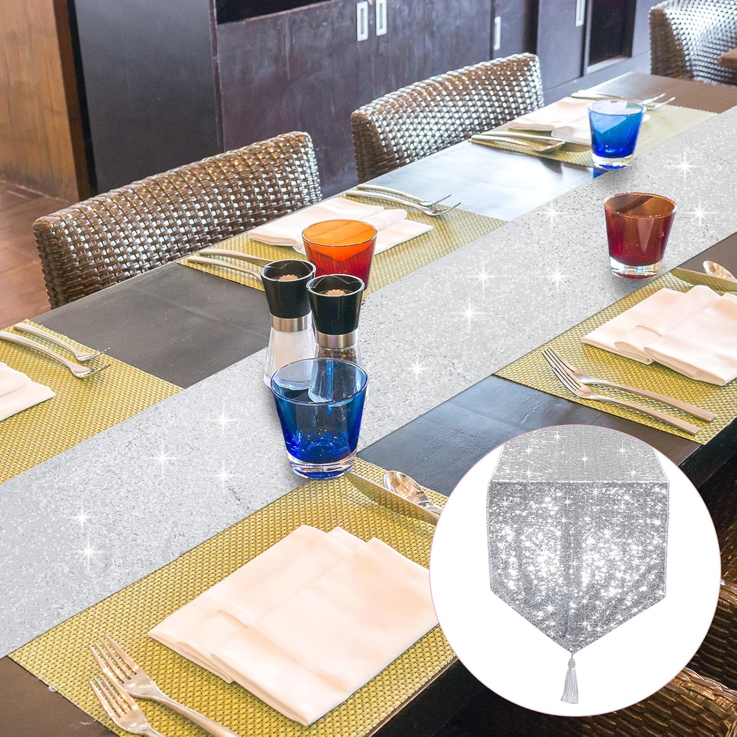 Tatuo Camino de mesa de lentejuelas con borlas para bodas, fiestas, mesa de 12 x 72 pulgadas, camino de mesa de lentejuelas con purpurina, elegante