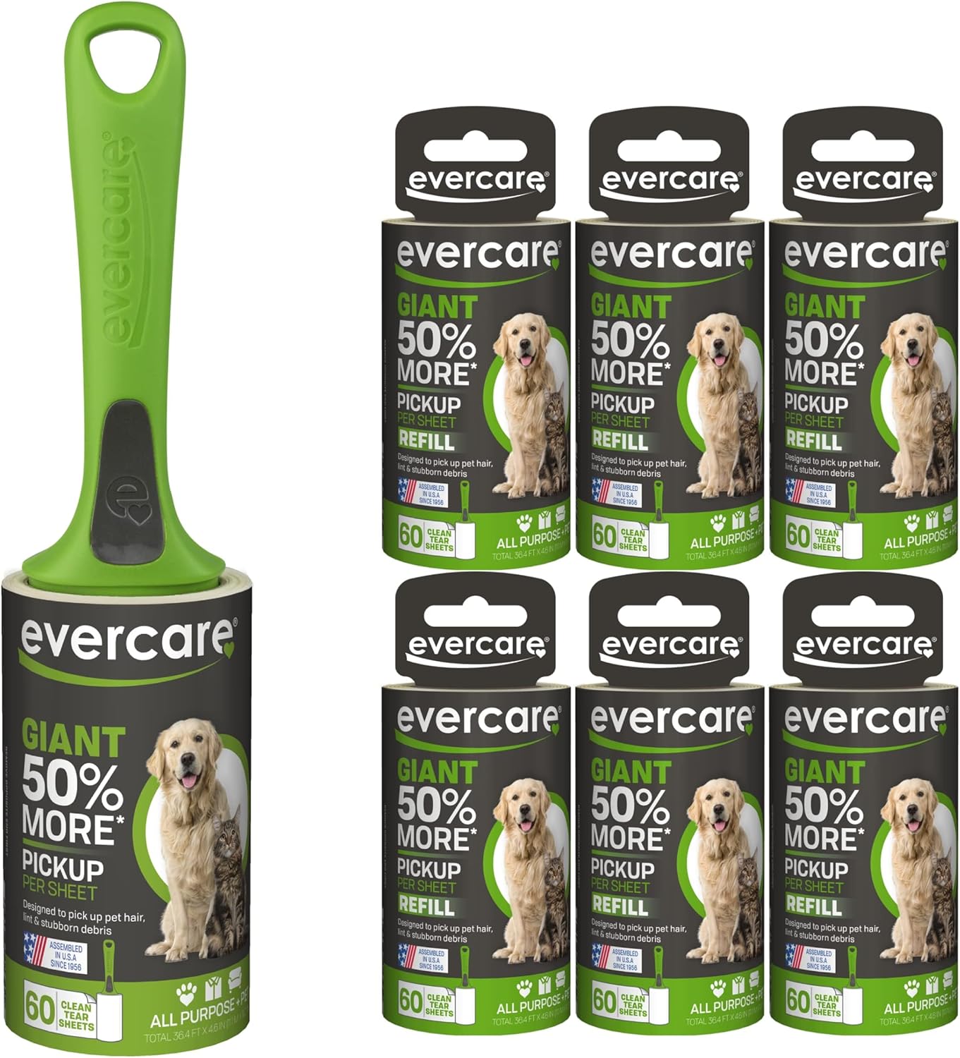 Evercare Pet Bundle – Rodillo gigante para mascotas, paquete de 6, color verde oscuro