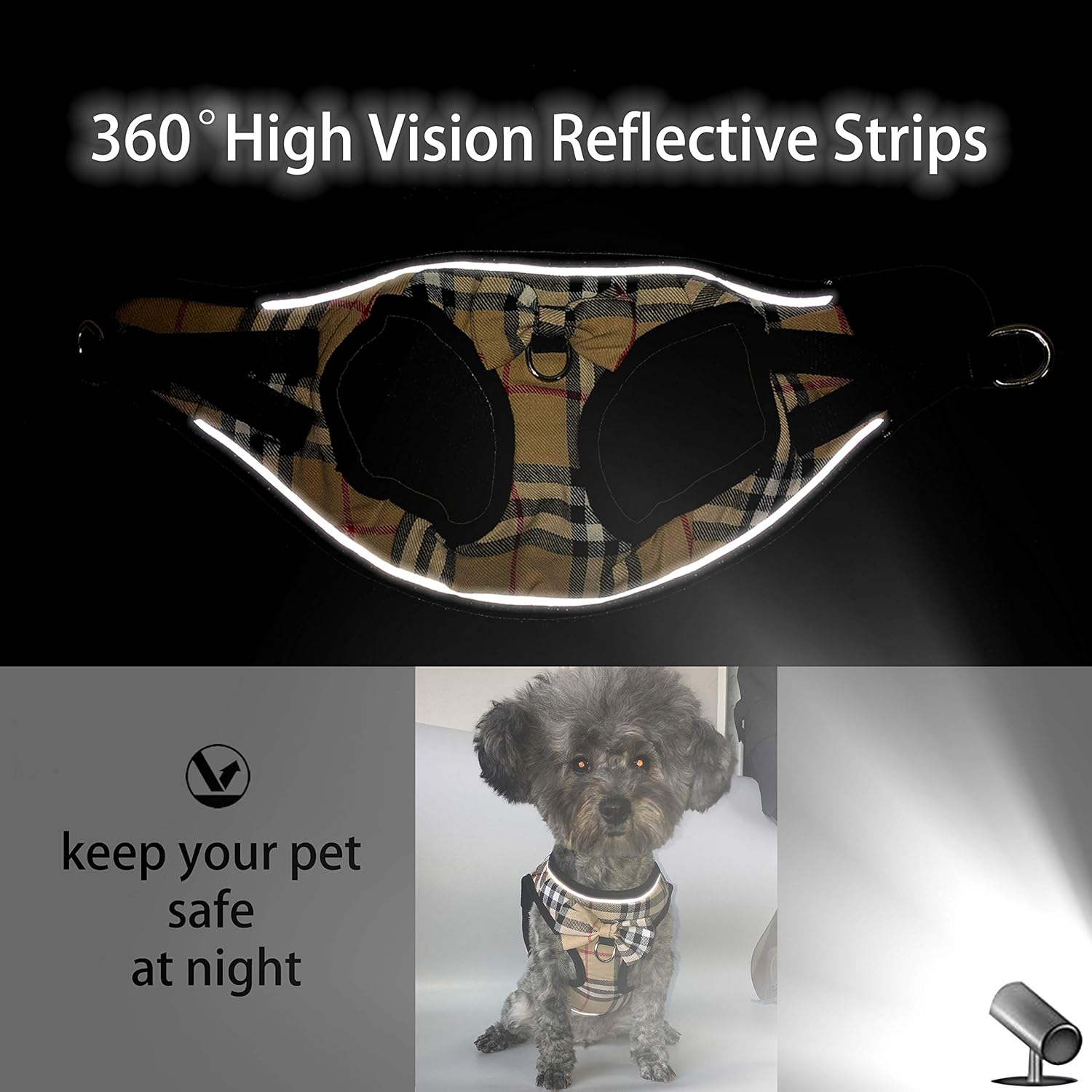 Arnés suave para perro, ajustable sin tirones, reflectante, cómodo, chaleco acolchado para mascotas para perros (marrón y azul, talla S)