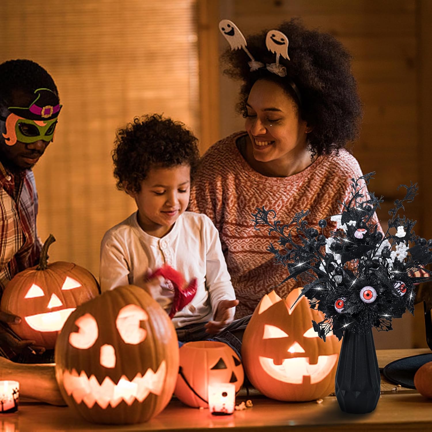 4 piezas de flores artificiales negras con purpurina de Halloween, murciélago, rayas de sangre del diablo, tallos de ojos para decoración del hogar