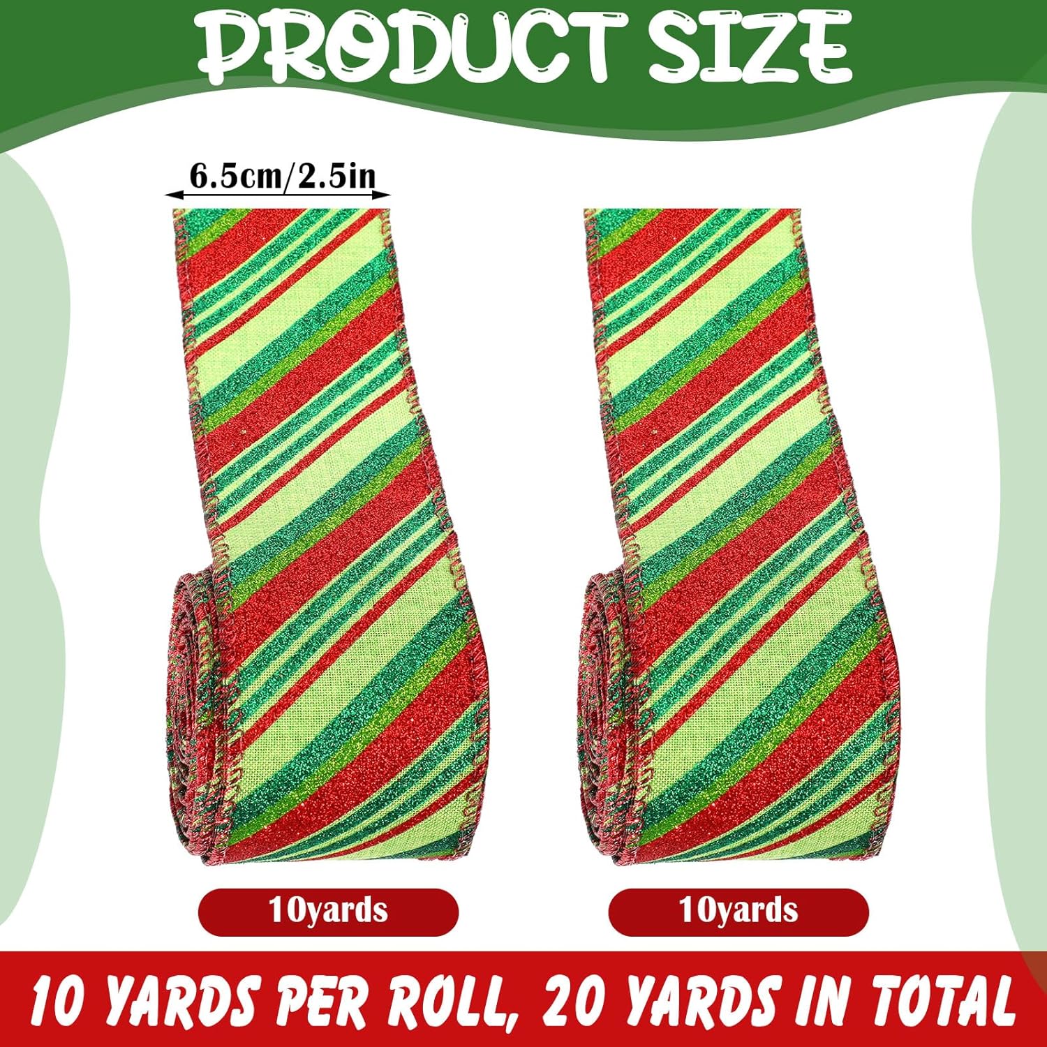 Yinder 2 rollos de cinta de Navidad de 20 yardas, cinta roja y verde con purpurina de 2.5 pulgadas, cinta decorativa para coronas, caja de regalo,