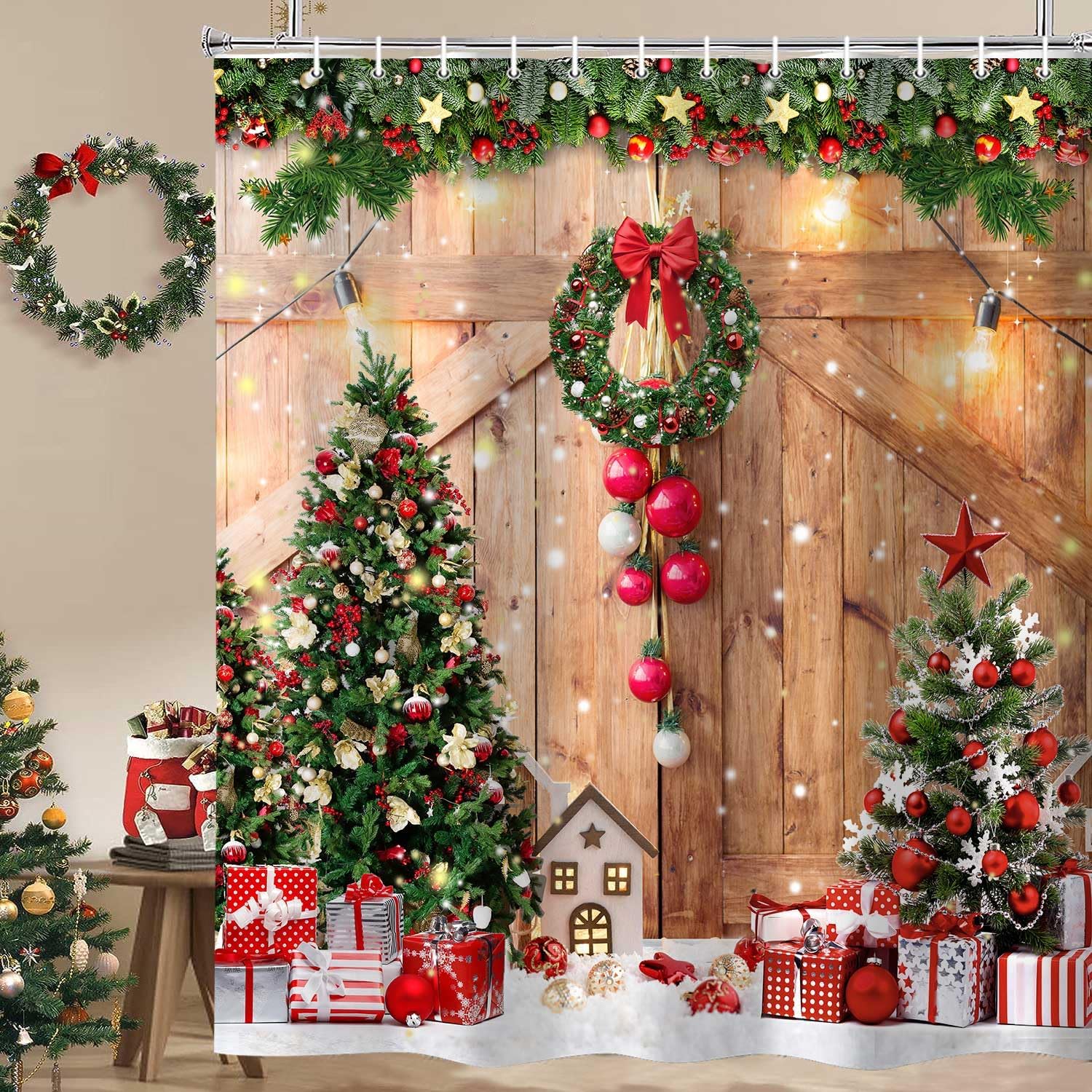 Hjokiupt Cortina de ducha de Navidad de granja, regalo de árbol de Navidad de invierno, decoración del hogar, puerta de granero de madera, cortinas