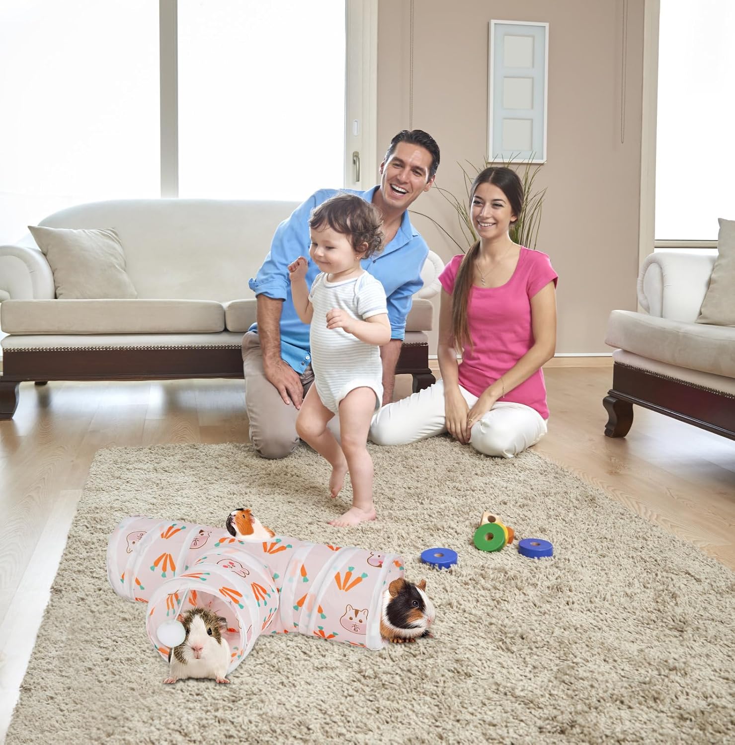 Rypet Túnel de conejillo de indias plegable de 3 vías para mascotas pequeñas y tubos con bola interactiva para bebé, conejo, hurón, hámster,