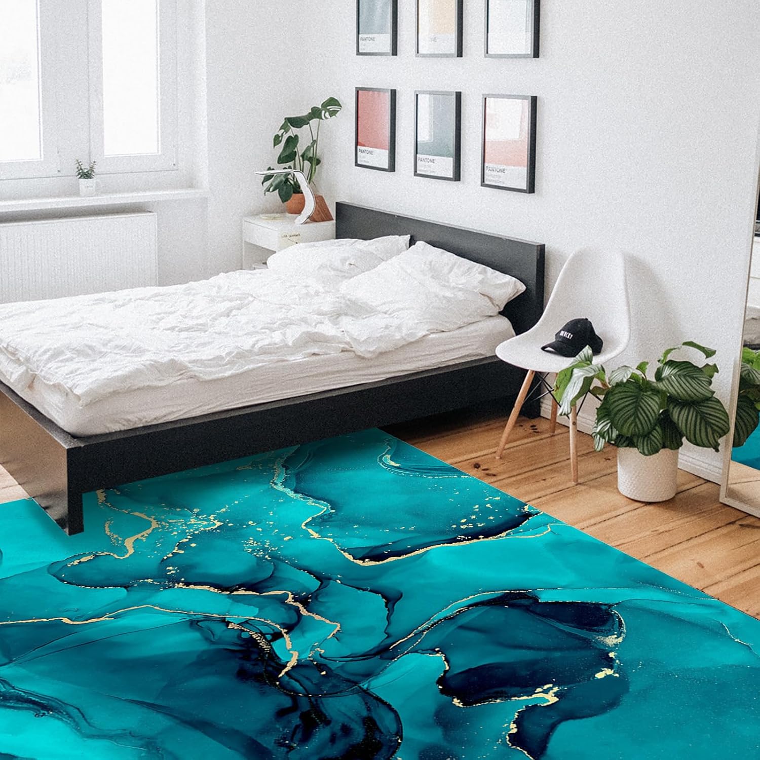 Alfombras de área grande con forma rectangular de mármol aguamarina, 2.7 x 5 pies, línea dorada, tinta verde azulado, arte abstracto moderno, (no