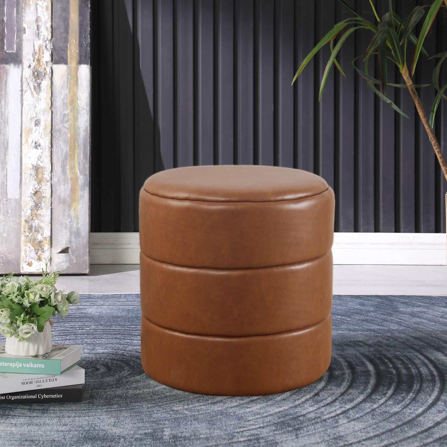 HomePop Otomana redonda tapizada de piel sintética para decoración del hogar  Reposapiés otomana – Carmel Brown