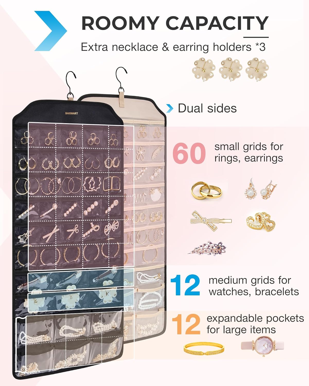 BAGSMART Organizador colgante de joyas, organizador de accesorios, organizador de aretes de 68 bolsillos para sostener joyas en la pared, extra