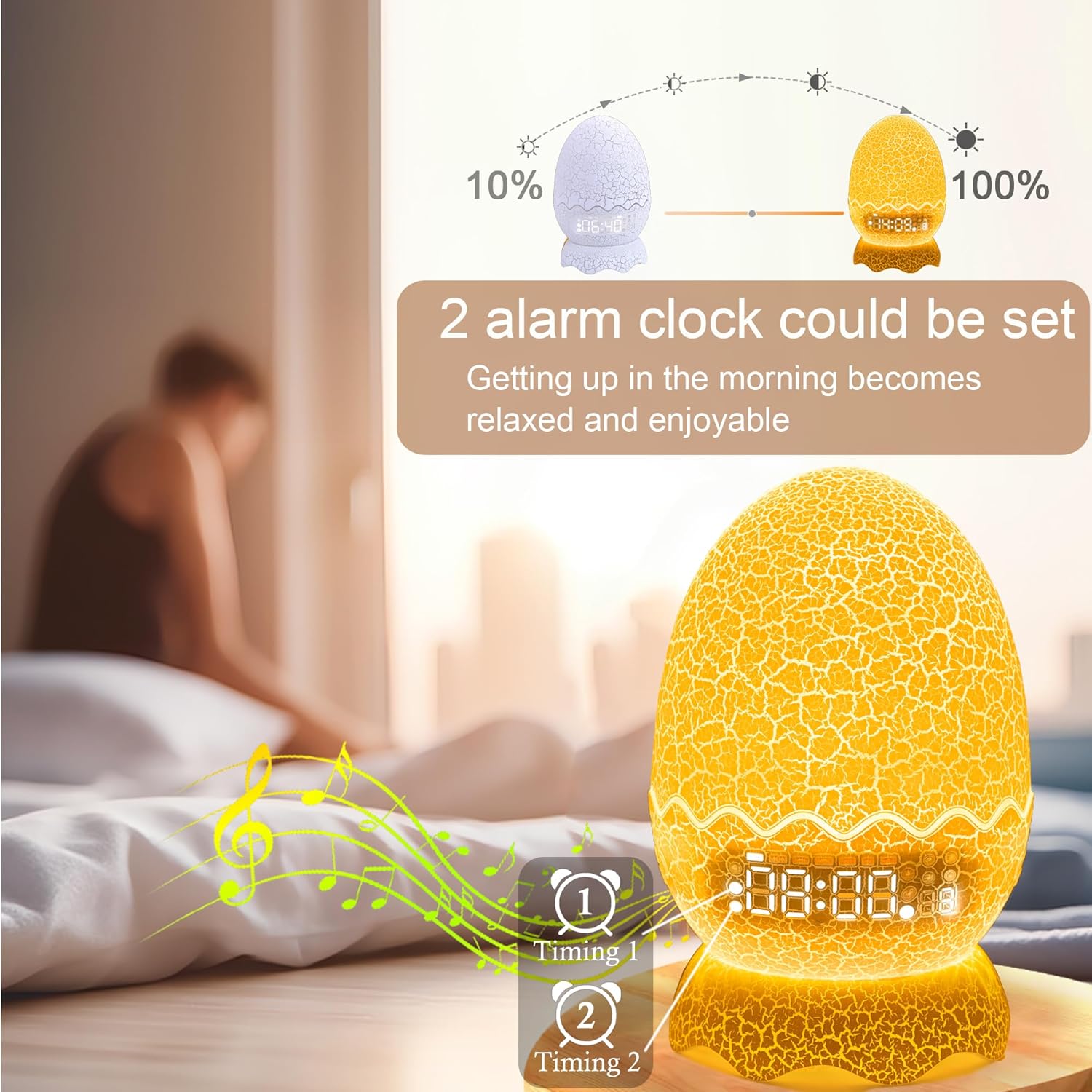 Luces nocturnas musicales de dinosaurio, reloj despertador de huevo de dinosaurio para niños, altavoz Bluetooth y ruido blanco Mahine para bebé,