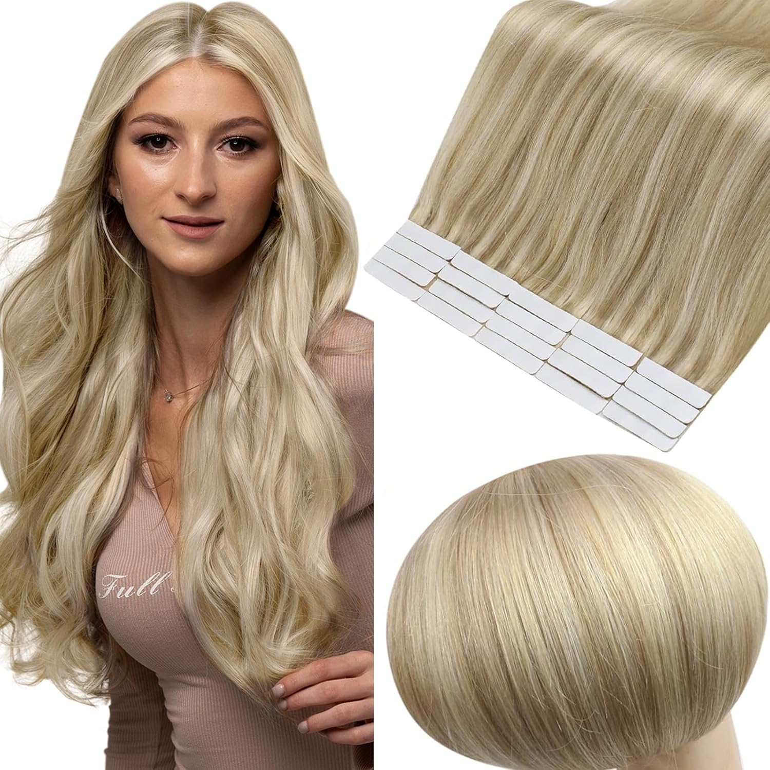 Full Shine – Extensiones de cabello humano con cinta adhesiva de color rubio dorado, reflejos rubio medio, extensiones adhesivas de doble cara de