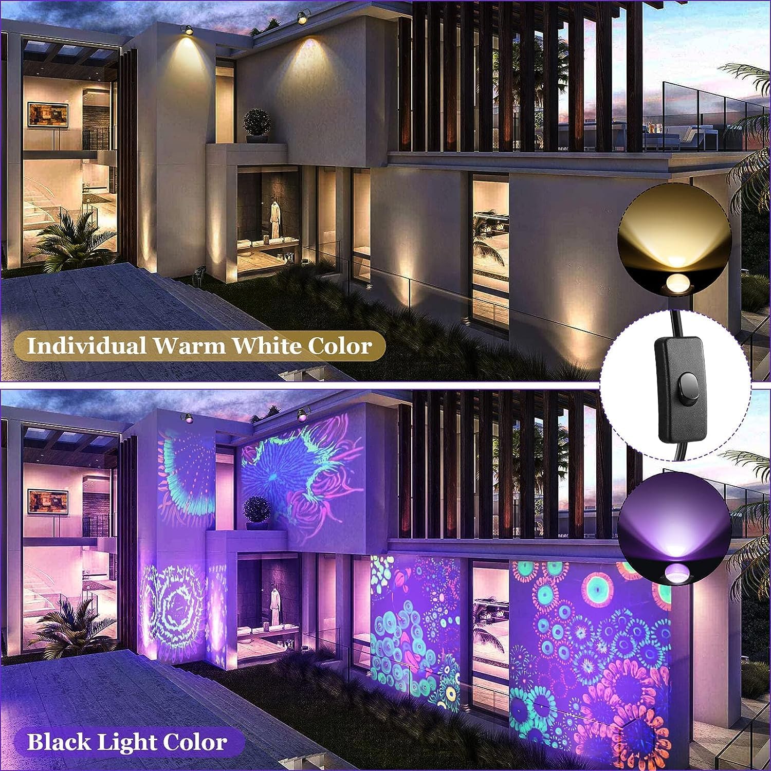 Junview Luces LED negras de 12 W con enchufe blanco cálido de EE. UU., IP66, impermeables, para exteriores, luces negras para fiestas de baile,