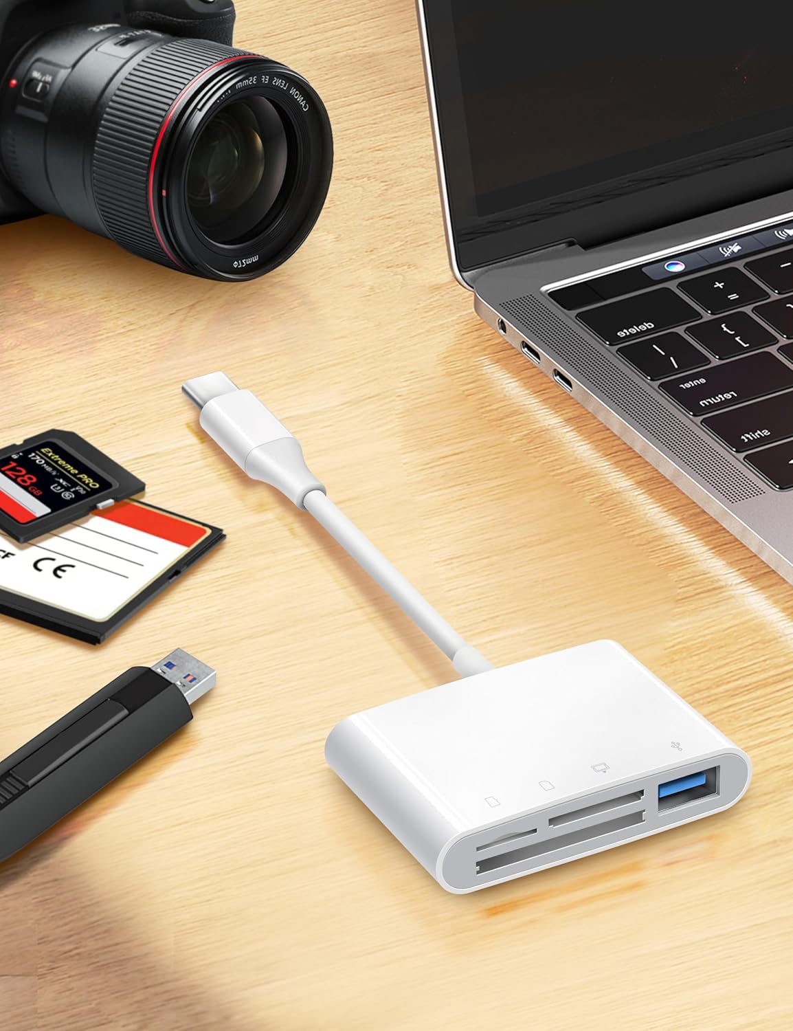 Lector de tarjetas SD USB C, adaptador de tarjeta de memoria USB-C a SD 4 en 1 con CompactFlashCFSDMicroSD y puerto USB 4 compatible con iPhone 15,