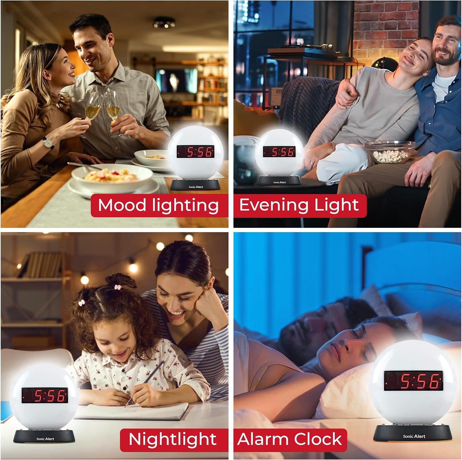 Sonic Alert Glow Soft White Night Light Alarm Clock – Loud & Compact Alarm Clock for Bedroom – Battery Backup & Full Range Dimmer – Easy to Set