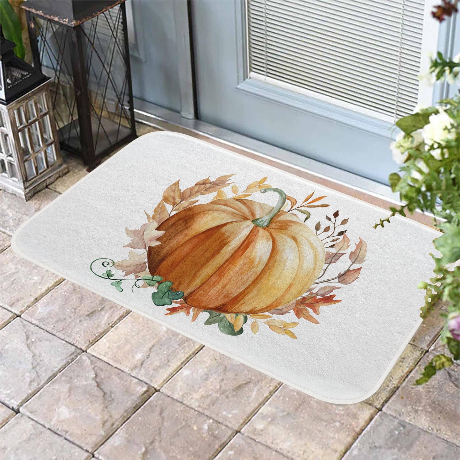 Alfombra de baño de otoño con calabaza naranja, hojas de arce, antideslizante, 20 x 32 pulgadas, alfombra de baño suave de cosecha de otoño,