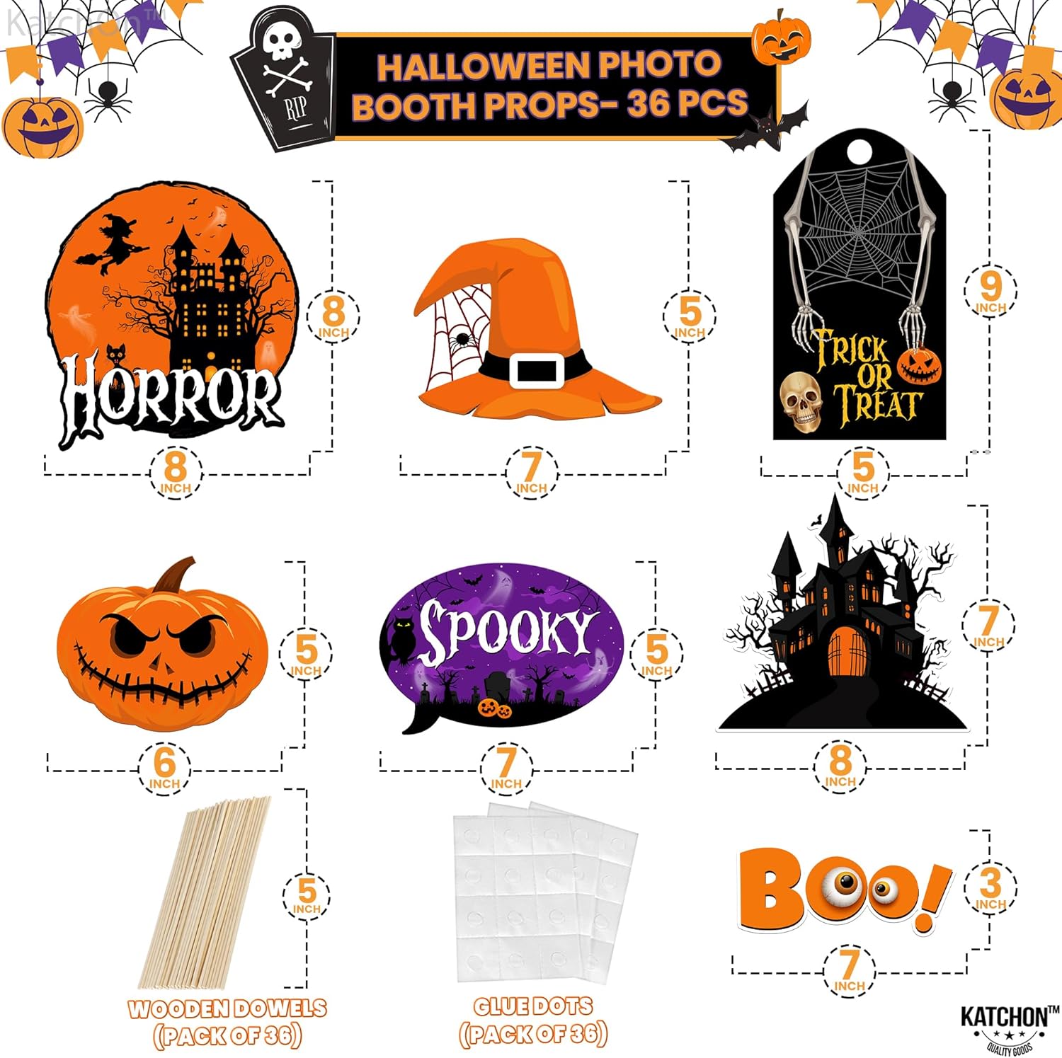 KatchOn, Accesorios aterradores para cabina de fotos de Halloween, paquete enorme de 36  Accesorios para fotos de Halloween  Accesorios de cabina de