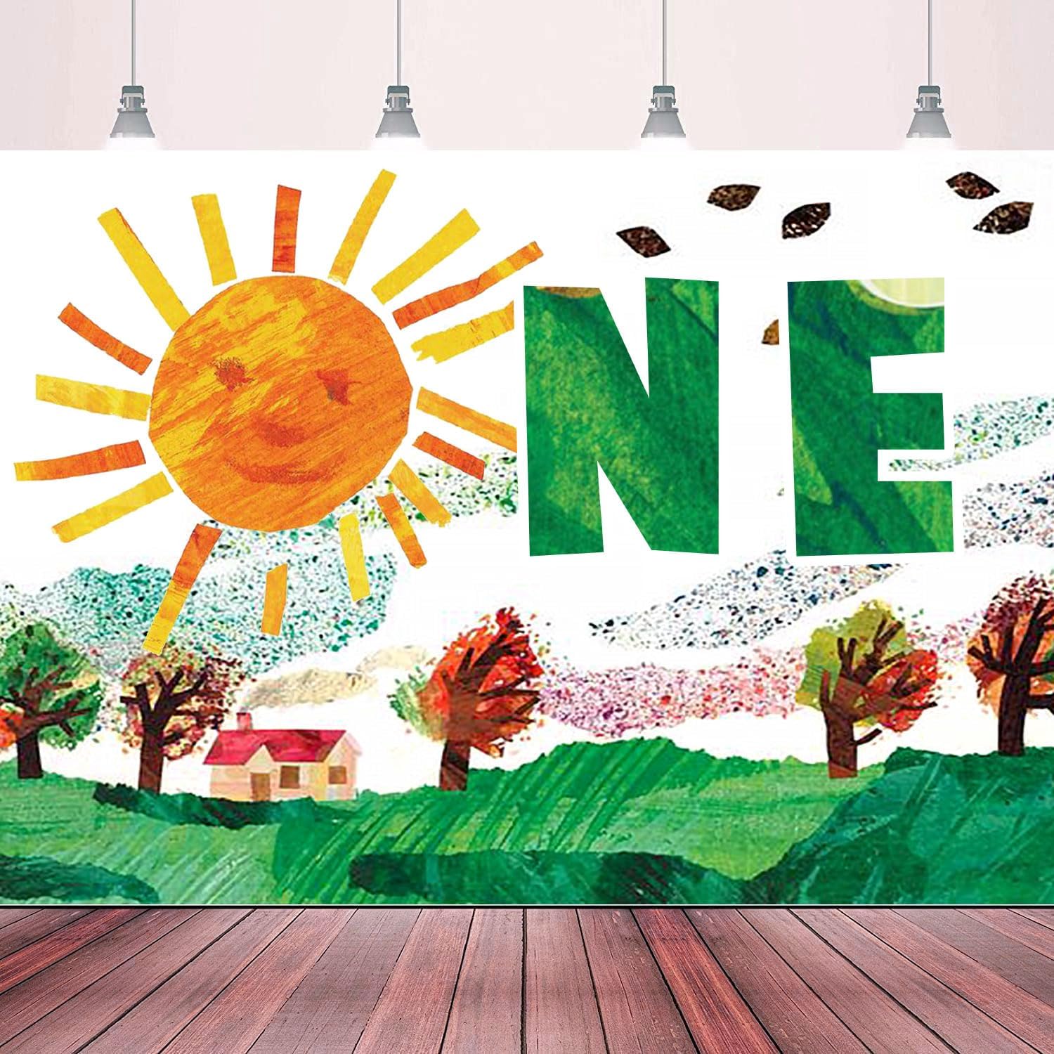 Cartel de feliz cumpleaños con temática de oruga hambrienta, decoración de fondo de dibujos animados de sol de un año de edad, cartel de fiesta de