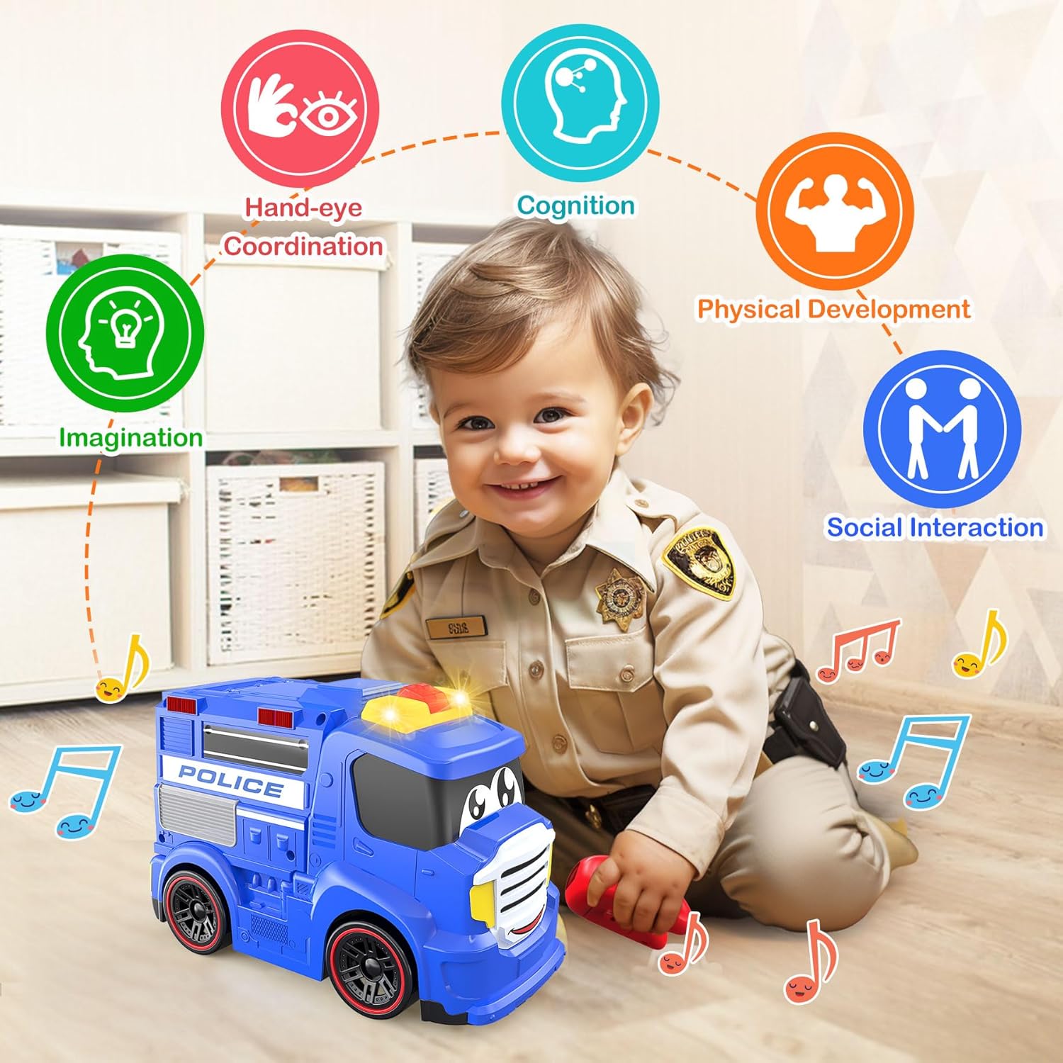 Auto a control remoto para niños pequeños, juguetes ideales para niños de 2 a 3 años, primer auto de policía a control remoto con sirenas y luces,