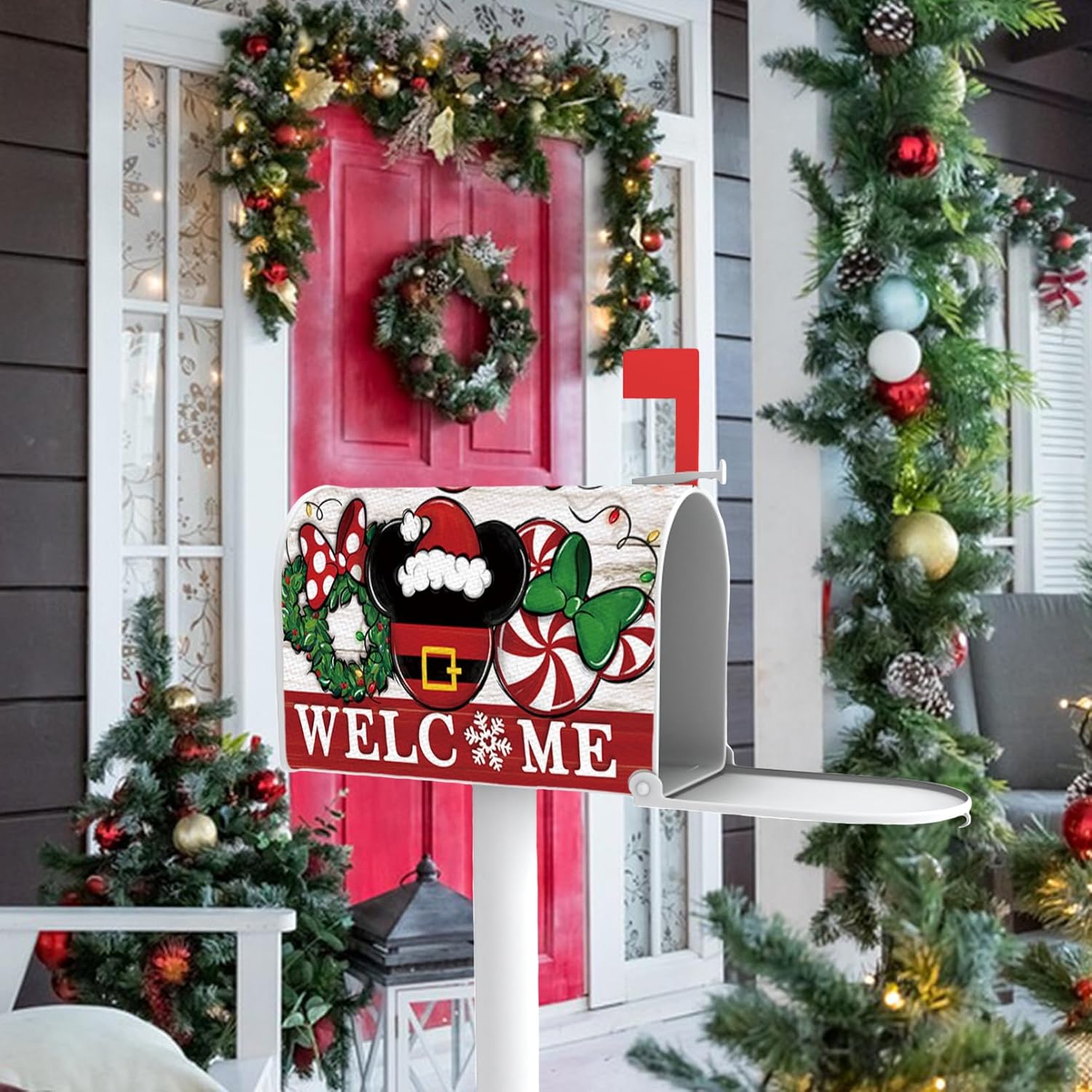 Funda magnética de bienvenida para buzón de Navidad de Papá Noel, tamaño estándar de 21 x 19 pulgadas, corona de caramelo de menta de Navidad,