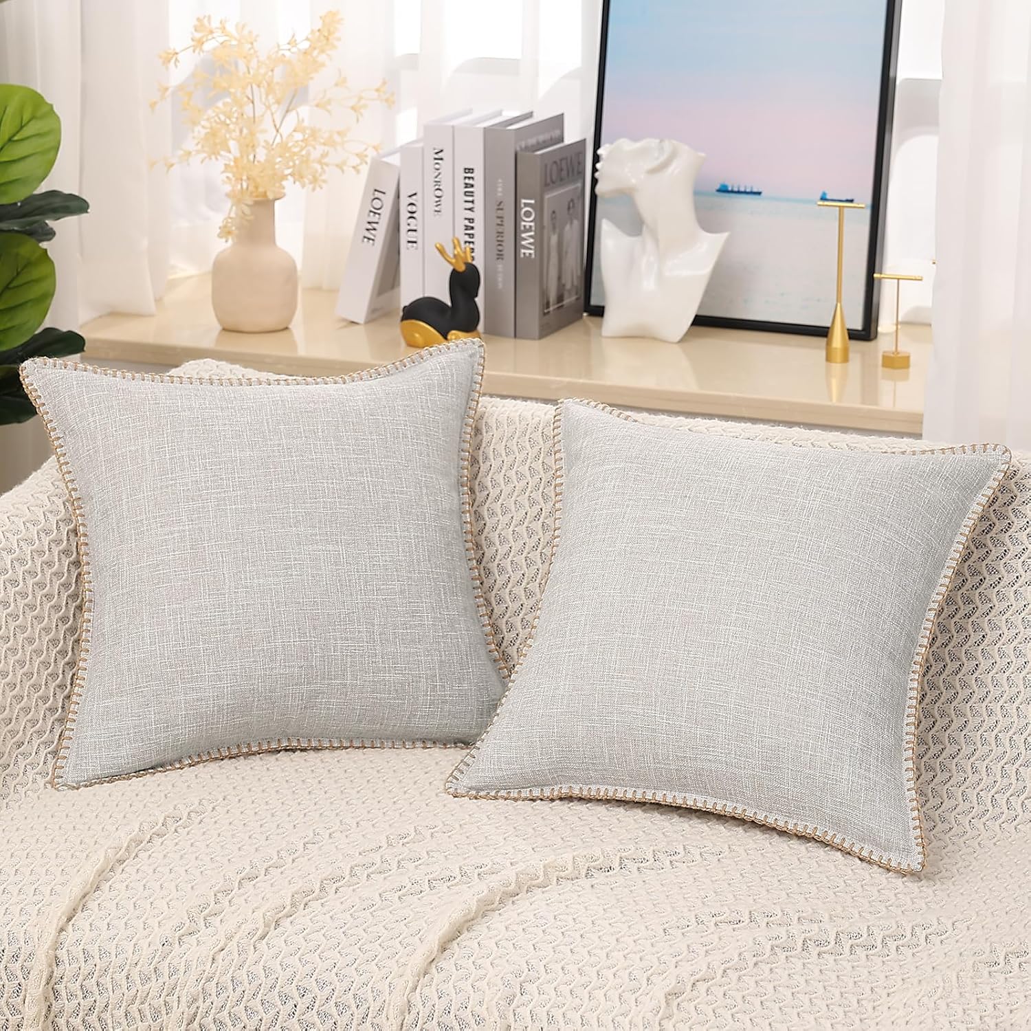 decorUhome Juego de 2 fundas de almohada decorativas para exteriores de 22 x 22 pulgadas, fundas cuadradas de lino con borde cosido, fundas rústicas