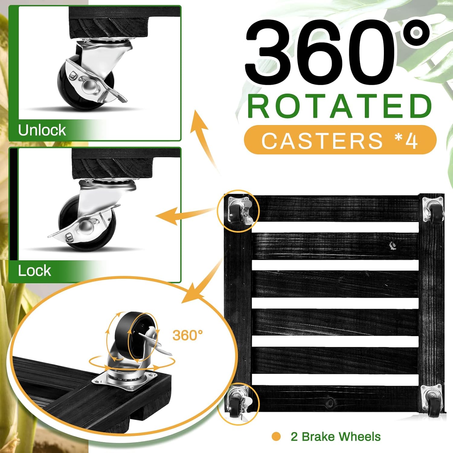 Taiyin Paquete de 4 soportes para plantas de 14 pulgadas con ruedas bloqueables, soporte rodante resistente para plantas de 220 libras, base de