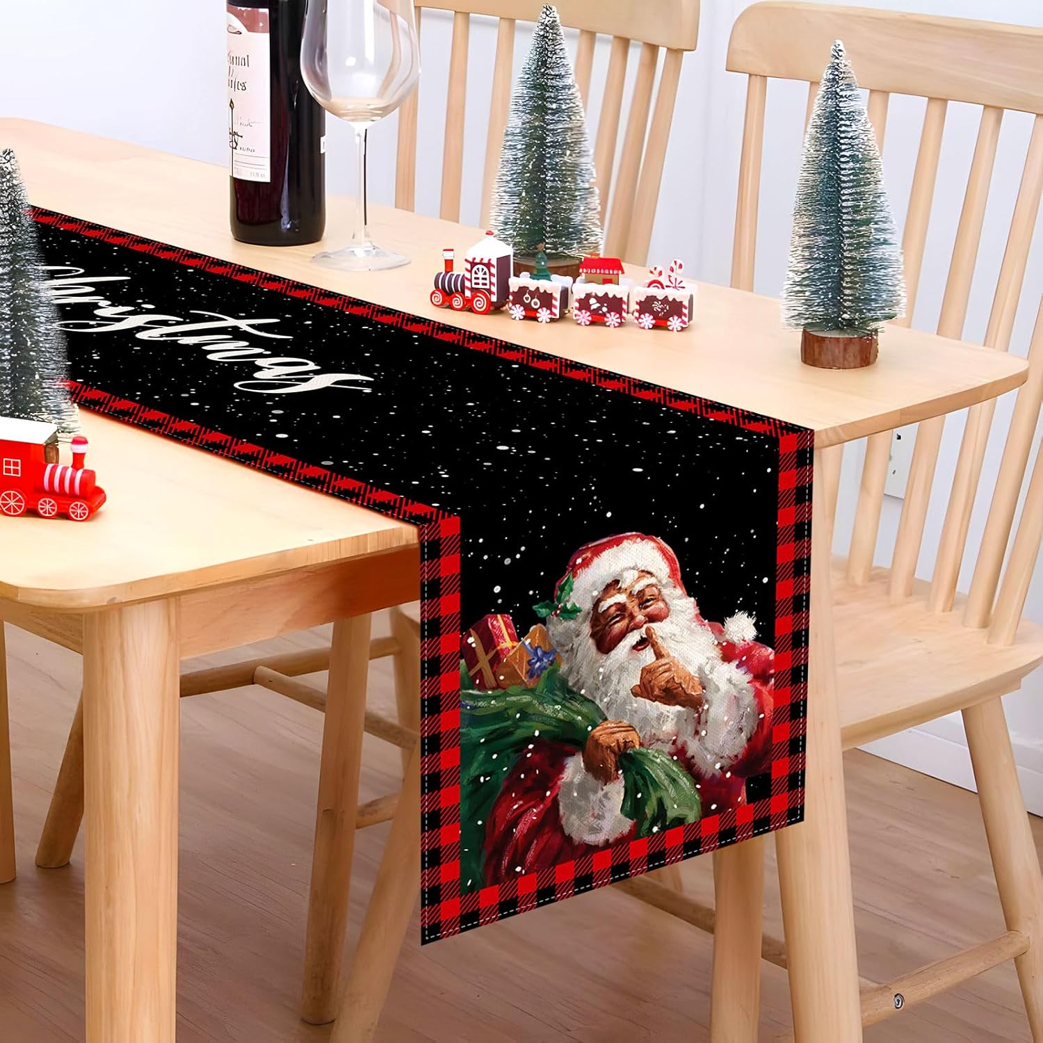 Camino de mesa de Navidad afroamericano, Papá Noel, invierno, fiesta, cocina, chimenea, comedor, decoración del hogar