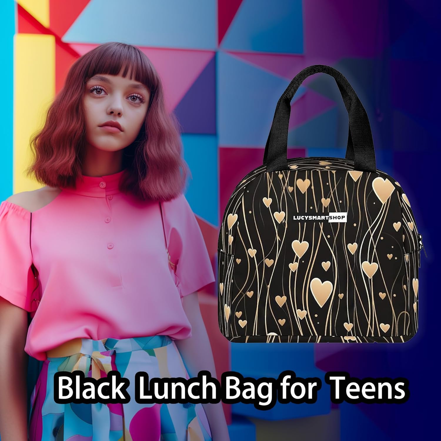 LUCYSMARSHOP – Lonchera negra pequeña para niñas de 8 a 10 a 12 años  Lonchera con corazón dorado para adolescentes y niñas, lonchera reutilizable