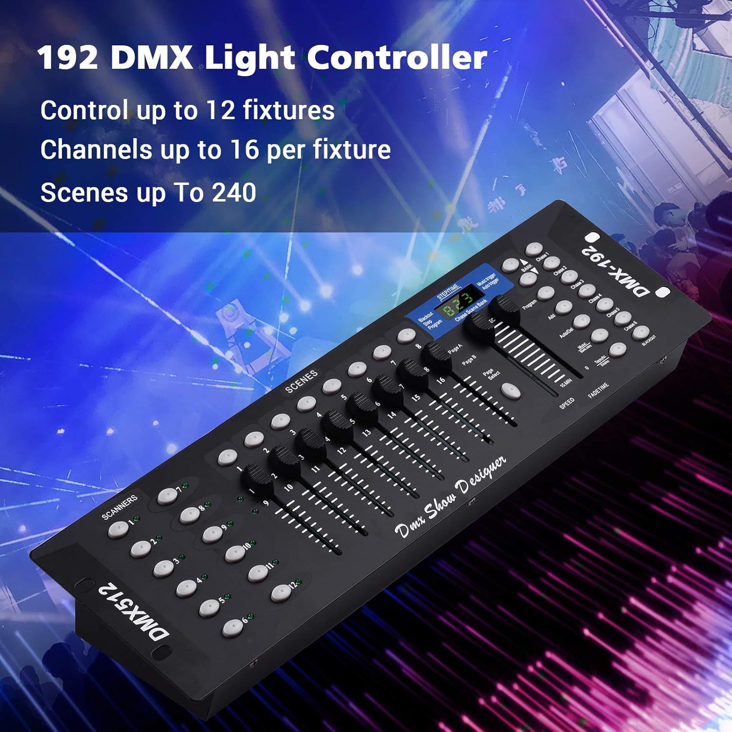 JINGFENG DMX512 Panel de consola controlador de luz 192CH Función de programación Activado por sonido con antena de pantalla LED para escenario DJ