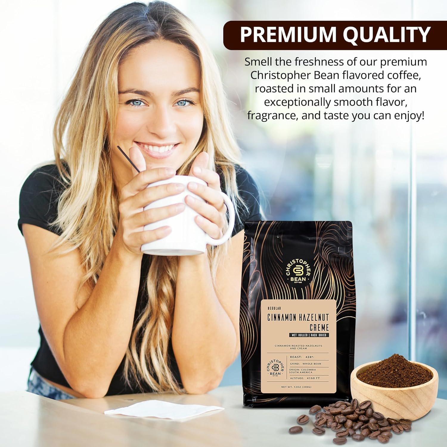 Christopher Bean Coffee – Café con sabor a crema de avellana y canela (grano entero normal) 100% arábica, sin azúcar, sin grasas, hecho con sabores