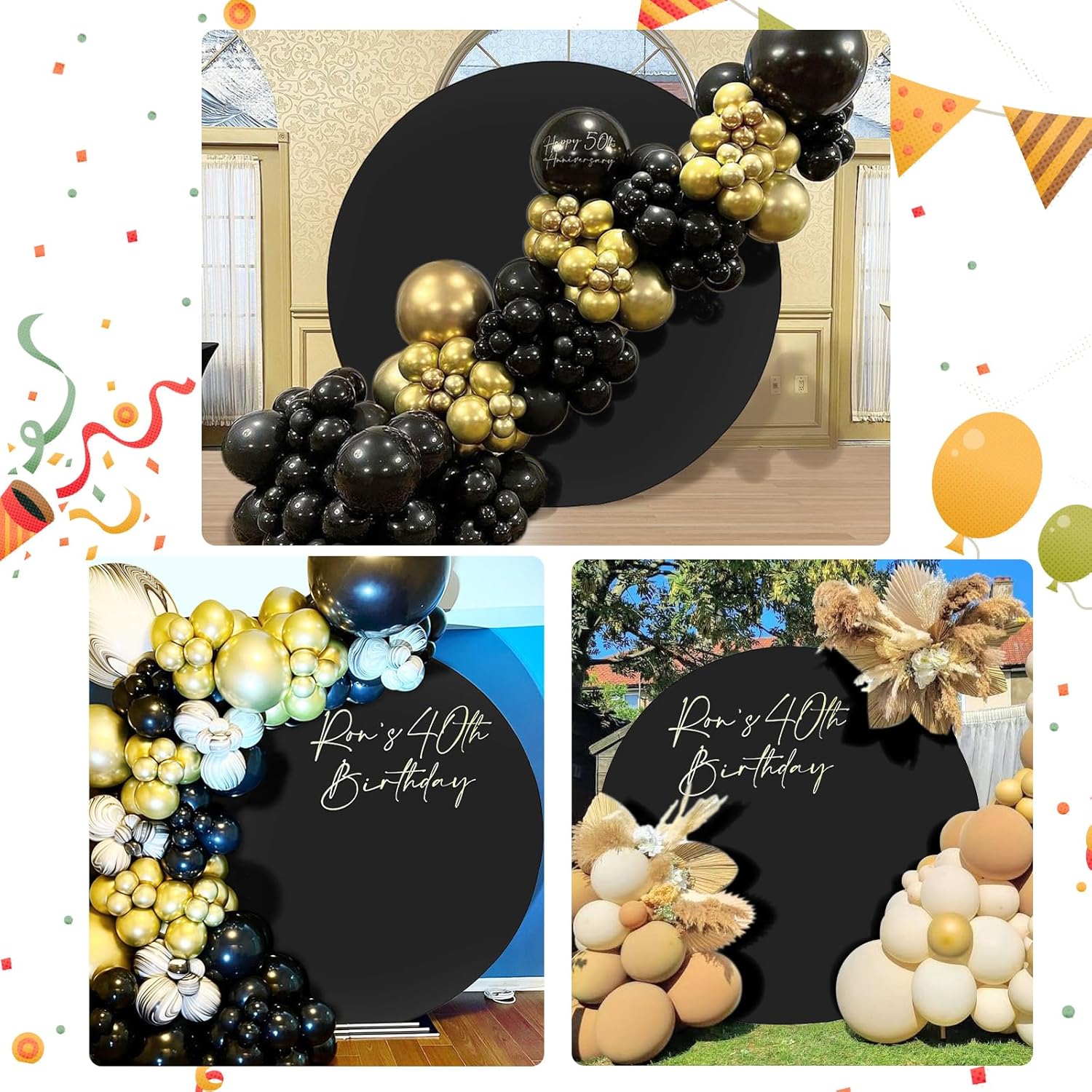 Cubierta de fondo redonda negra de 7.2 x 7.2 pies, telón de fondo redondo para baby shower, decoración de fondo para fiesta de cumpleaños, boda