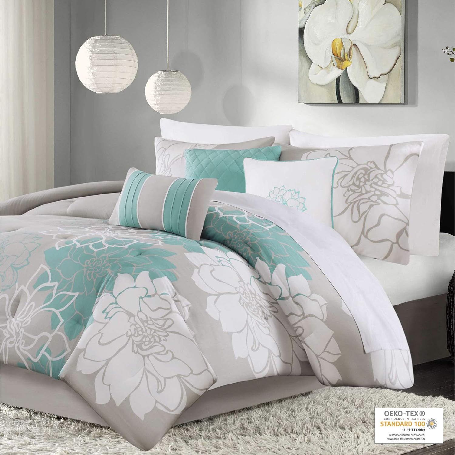 Madison Park. Juego de edredón Lola, de satén de algodón, diseño casual de medallón floral para todas las temporadas, fundas de cama, falda,