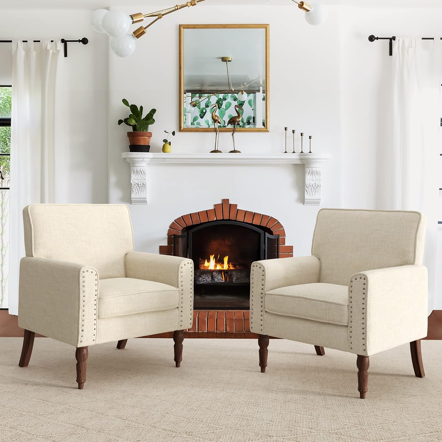 LUE BONA Sillas decorativas de tela de lino, sillas tapizadas beige para sala de estar con ribete de cabeza de clavo, acogedora silla con brazo para